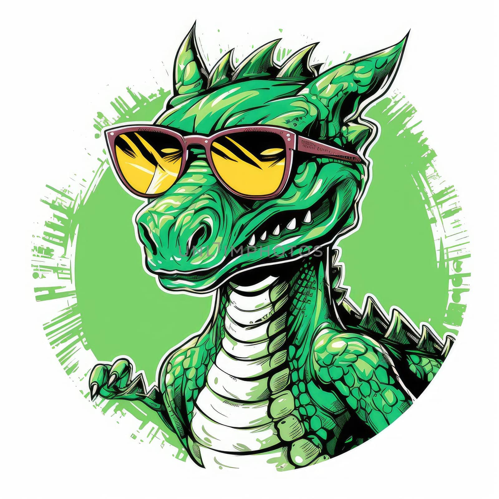 Portrait of a cute young fairy hipster dragon wearing sunglasses. Graphic design element. Template for sticker, poster, t-shirt print, etc.