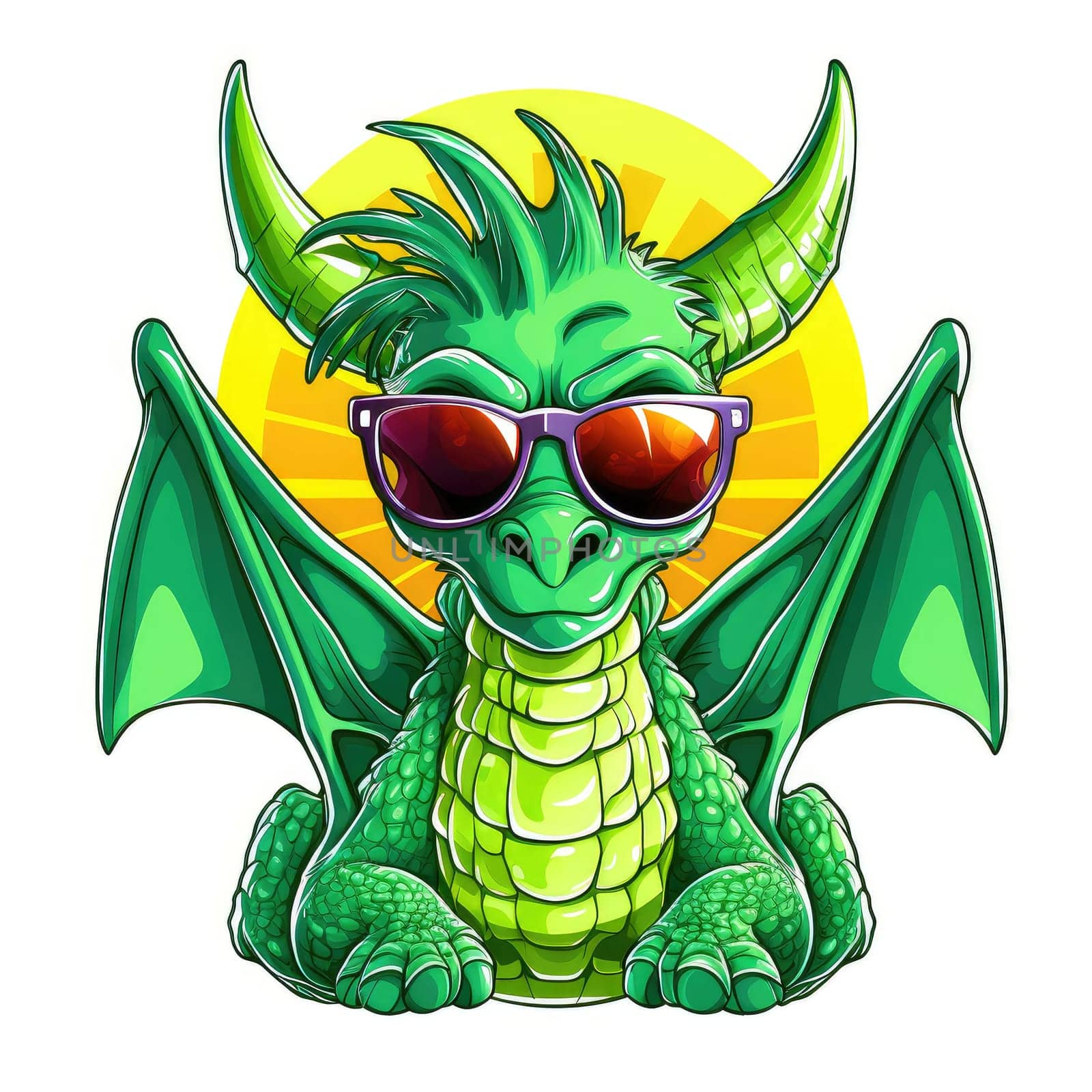 Portrait of a cute young fairy hipster dragon wearing sunglasses. Graphic design element. Template for sticker, poster, t-shirt print, etc.