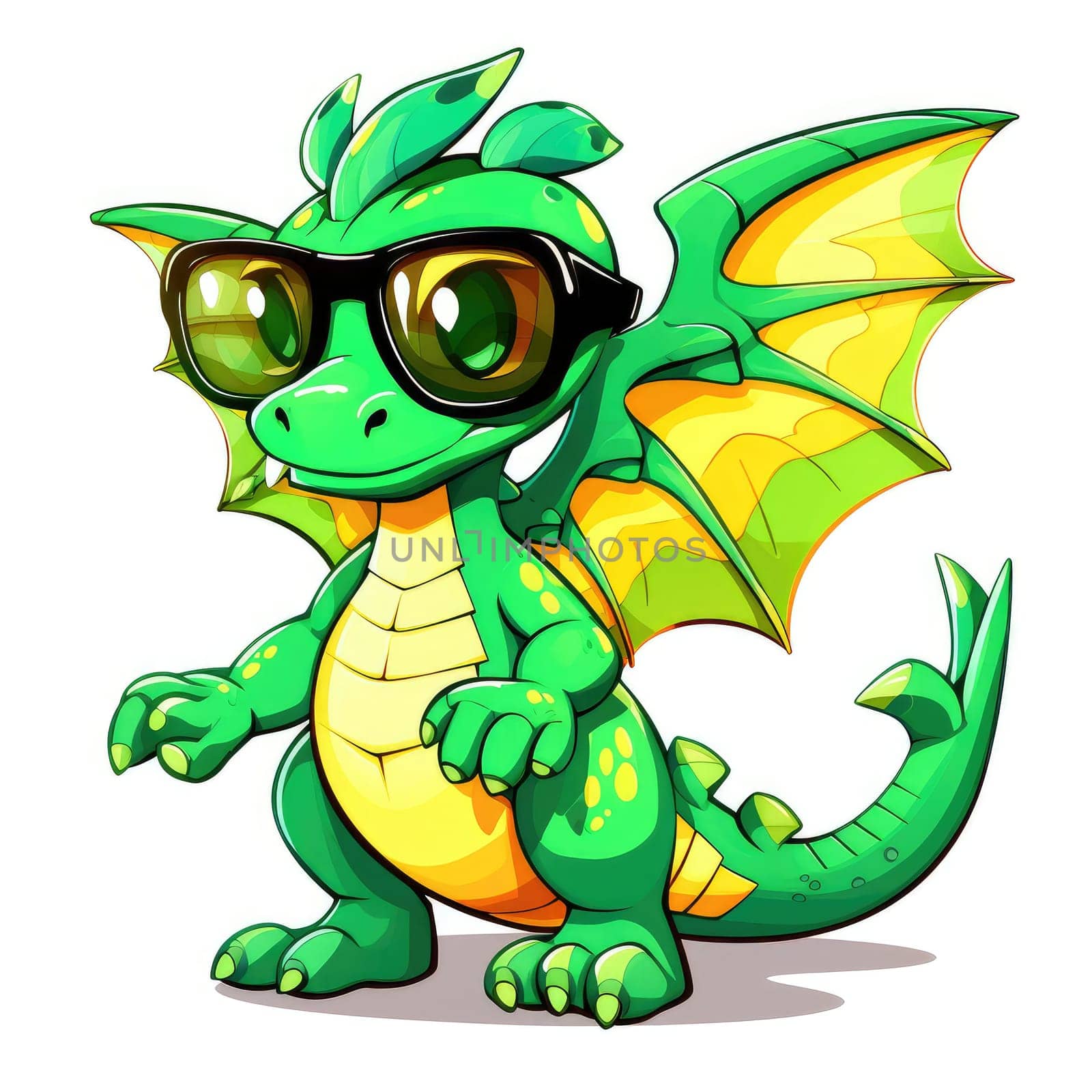 Portrait of a cute young fairy hipster dragon wearing sunglasses. Graphic design element. Template for sticker, poster, t-shirt print, etc.