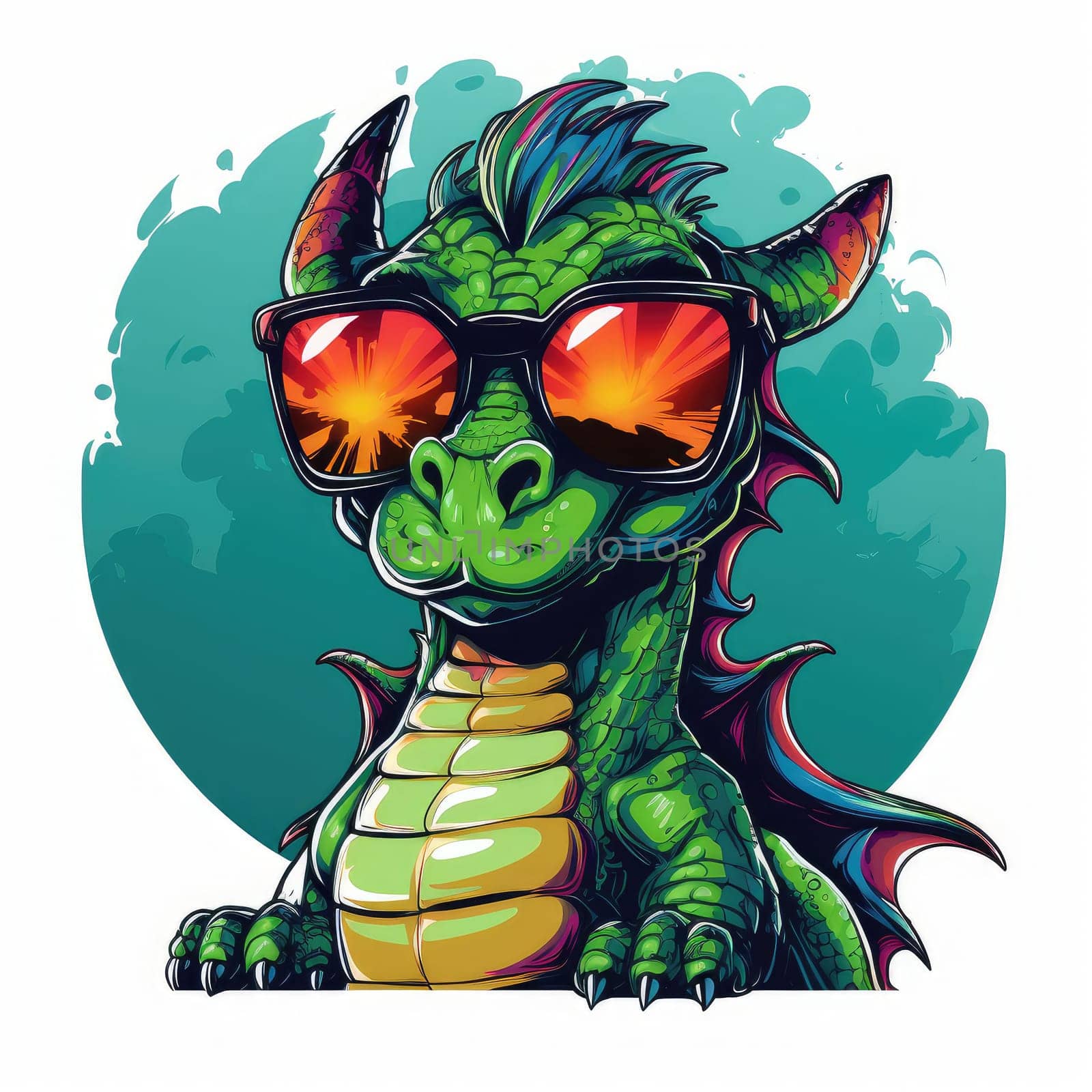 Portrait of a cute young fairy hipster dragon wearing sunglasses. Graphic design element. Template for sticker, poster, t-shirt print, etc.