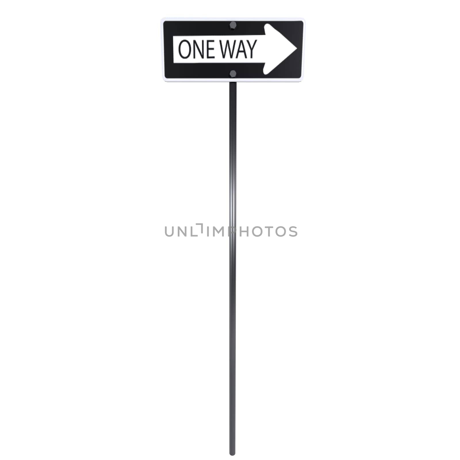 A realistic three-dimensional representation of a one-way street sign pointing right.