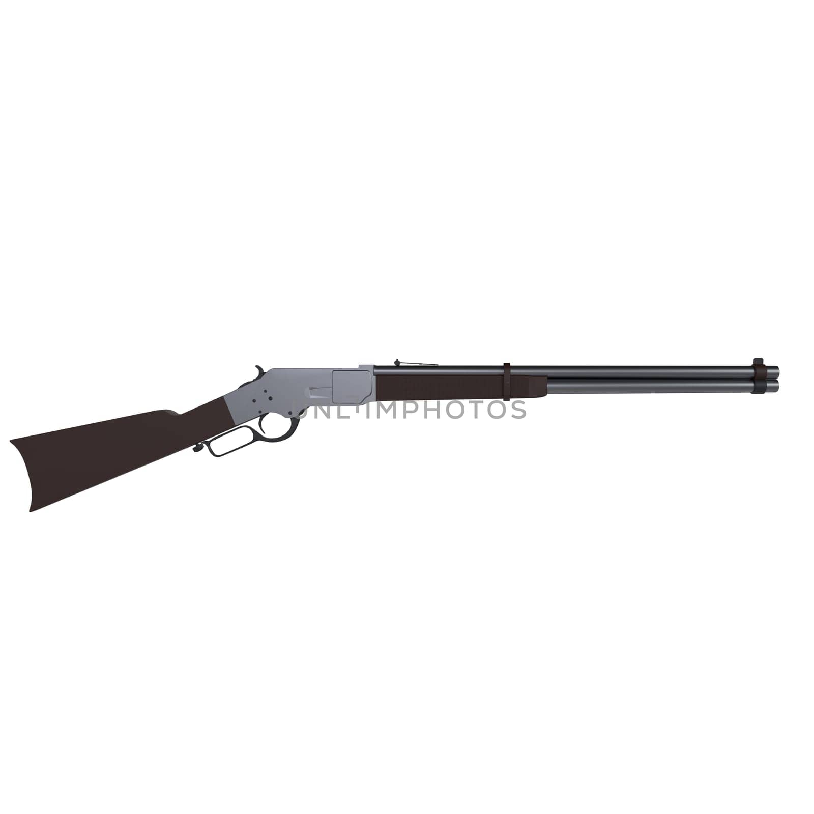 A realistic 3D model showcases a vintage lever-action rifle featuring intricate details.