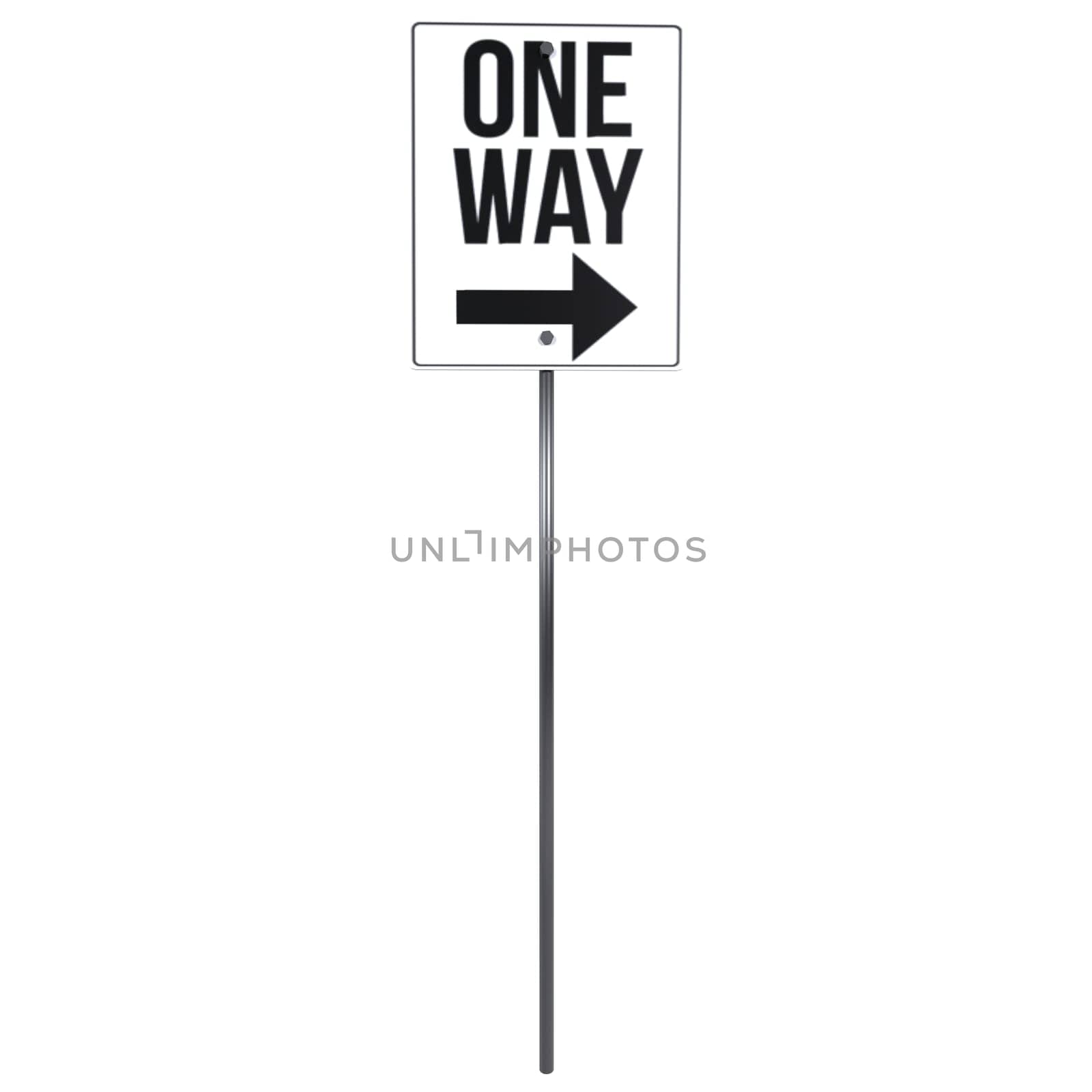 A one-way traffic sign indicates direction on a road in a clear display.