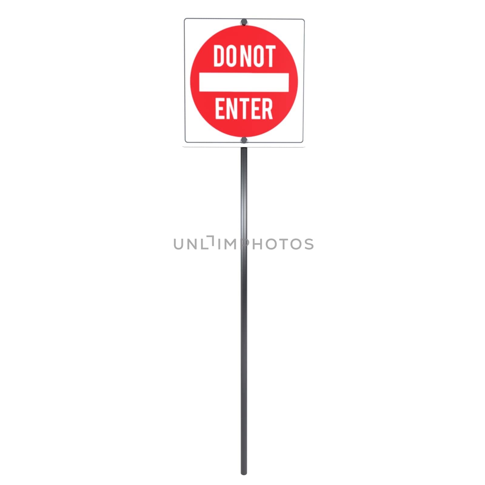 A tall red and white do not enter sign on a black pole indicates restricted access.