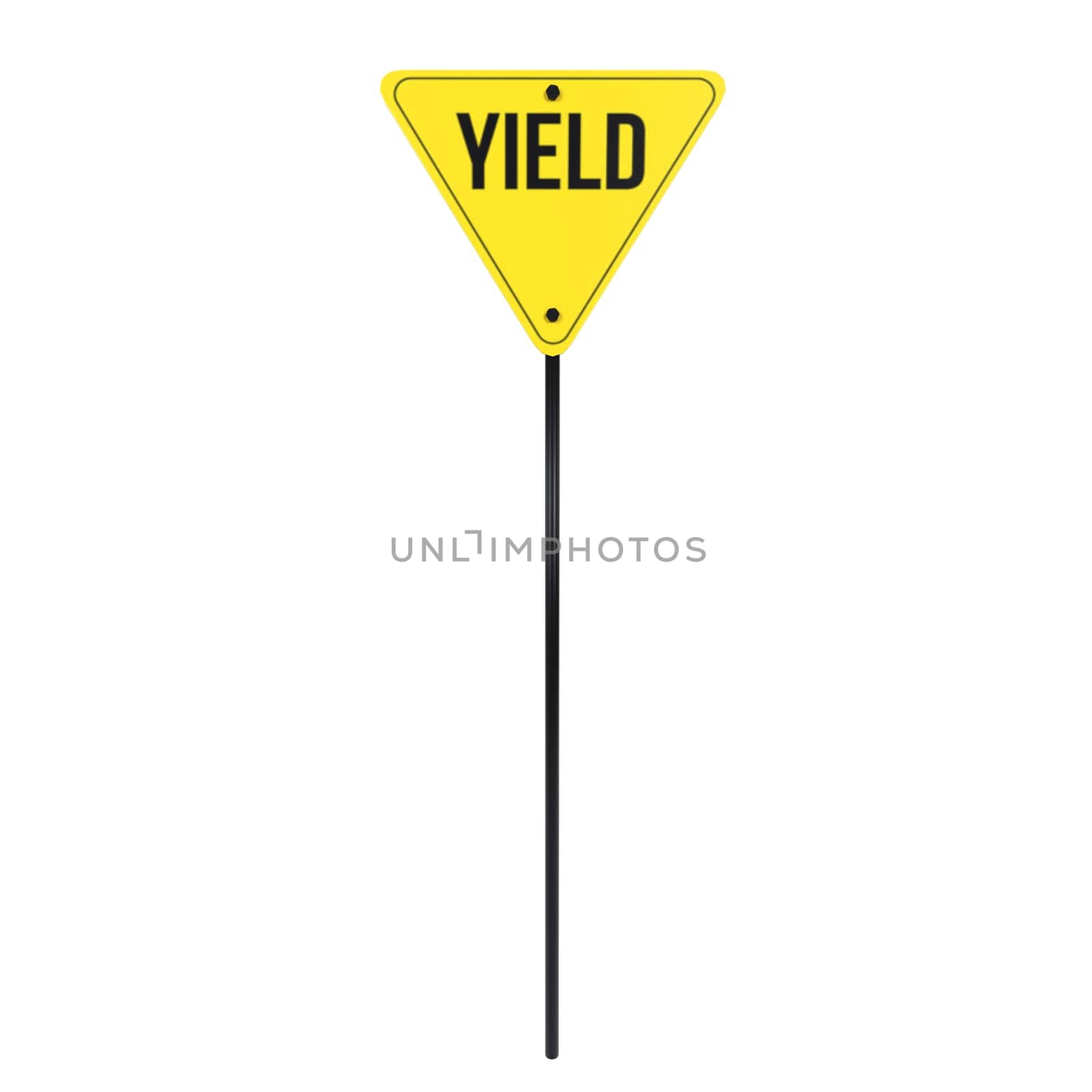 A yellow triangular yield sign stands on a black pole against a bright background.