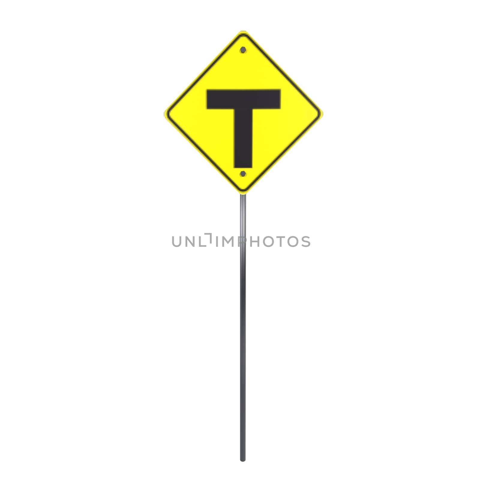A bright yellow T intersection warning sign stands alone in a clear space.