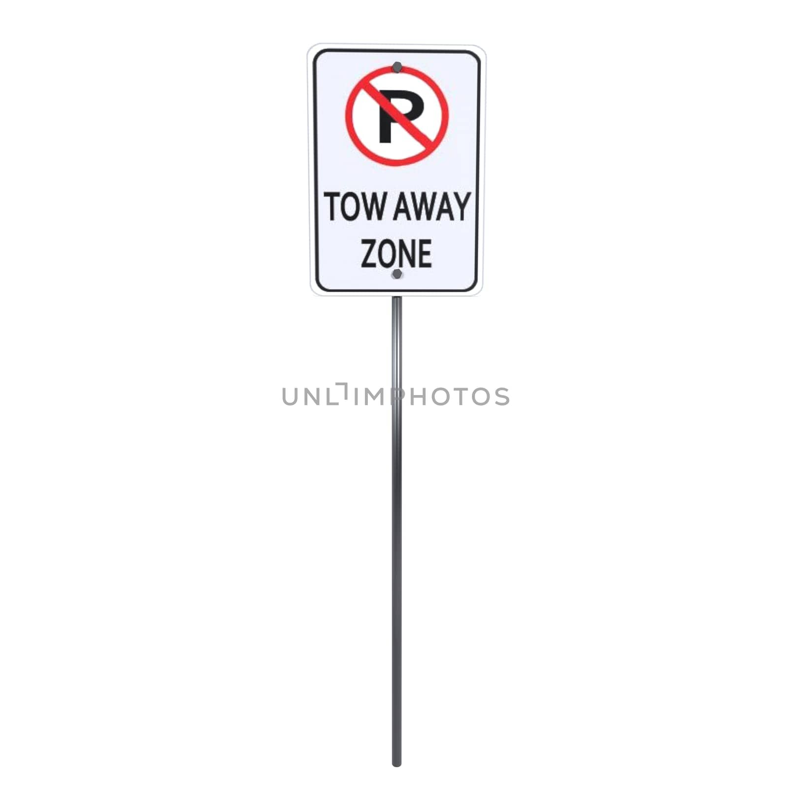 A clear depiction of a no parking tow away zone sign standing prominently beside the road.