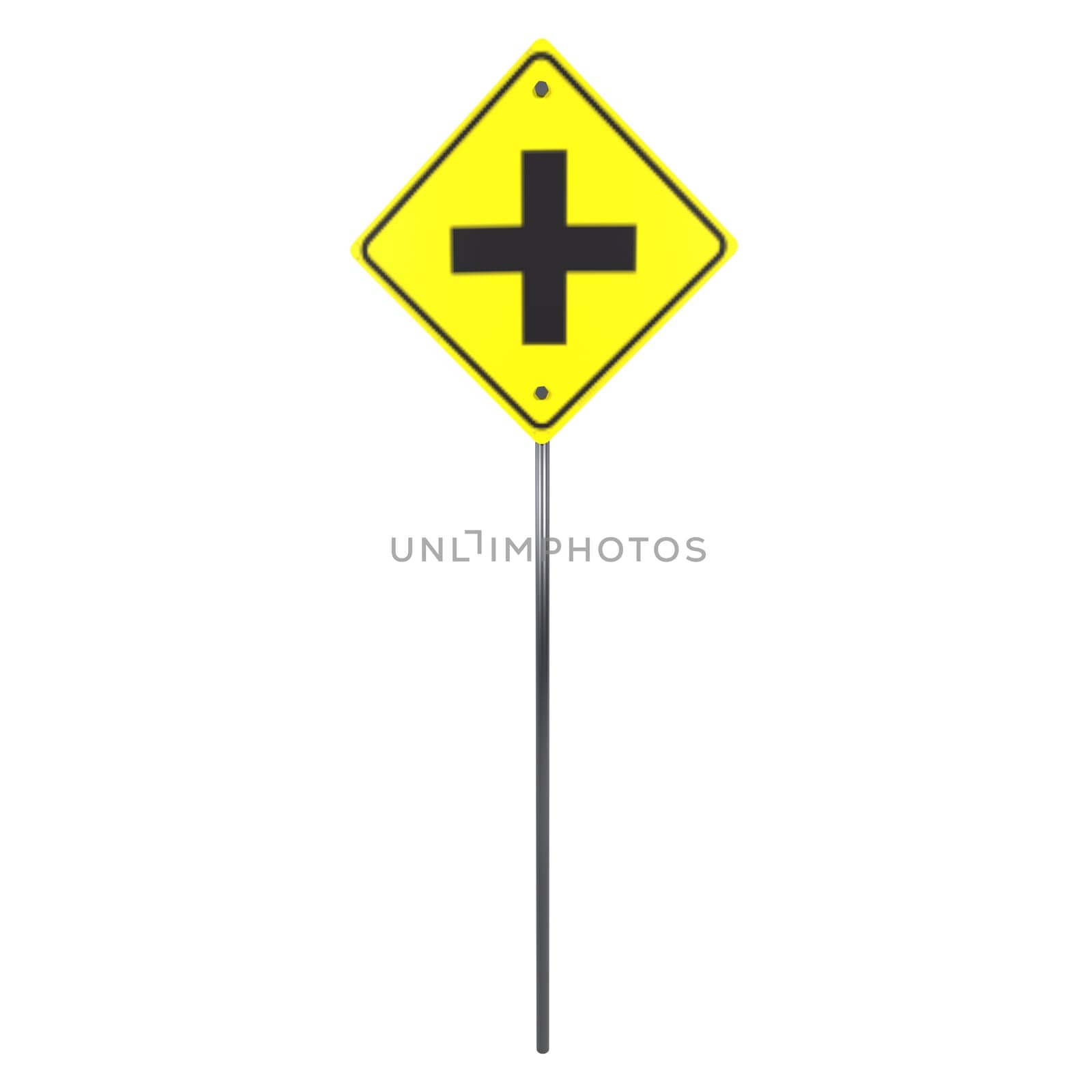 A bright yellow sign with a black cross is mounted on a tall silver pole.