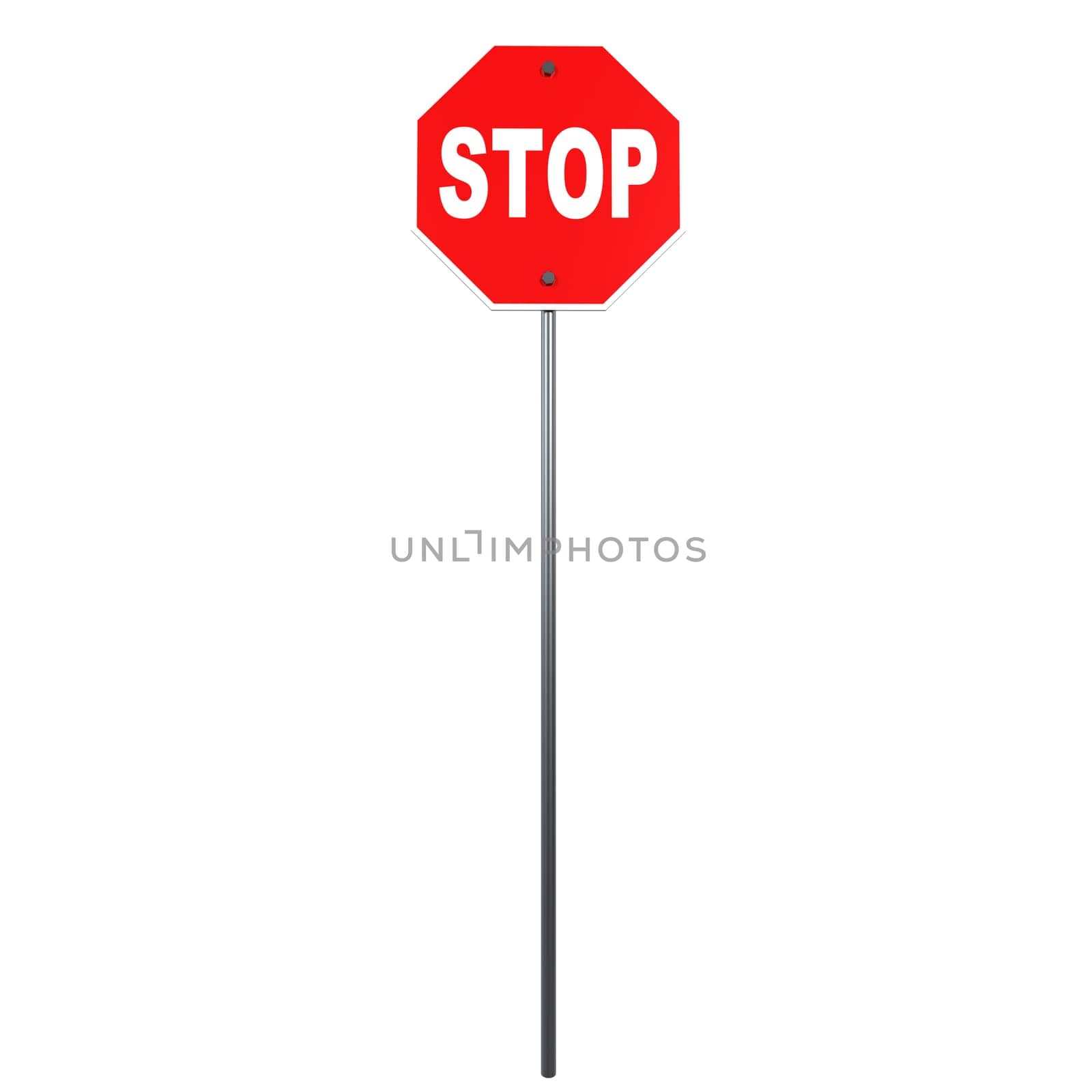 A red octagonal sign displaying the word STOP stands alone by a road in a quiet area.
