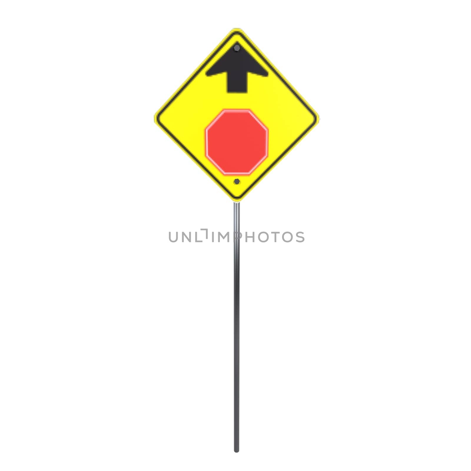 A bright yellow diamond sign has a red stop symbol beneath an upward arrow.