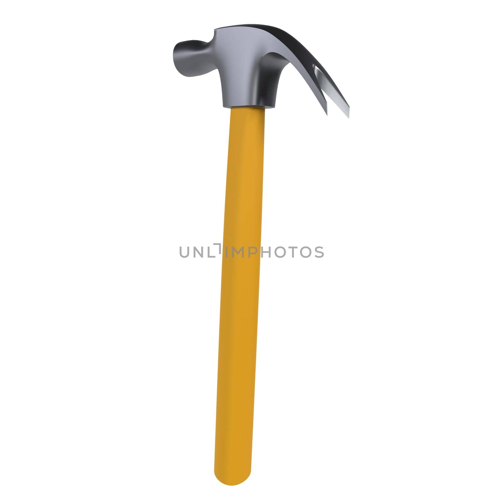 A realistic 3D rendering showcases a hammer with a yellow handle, emphasizing its design.