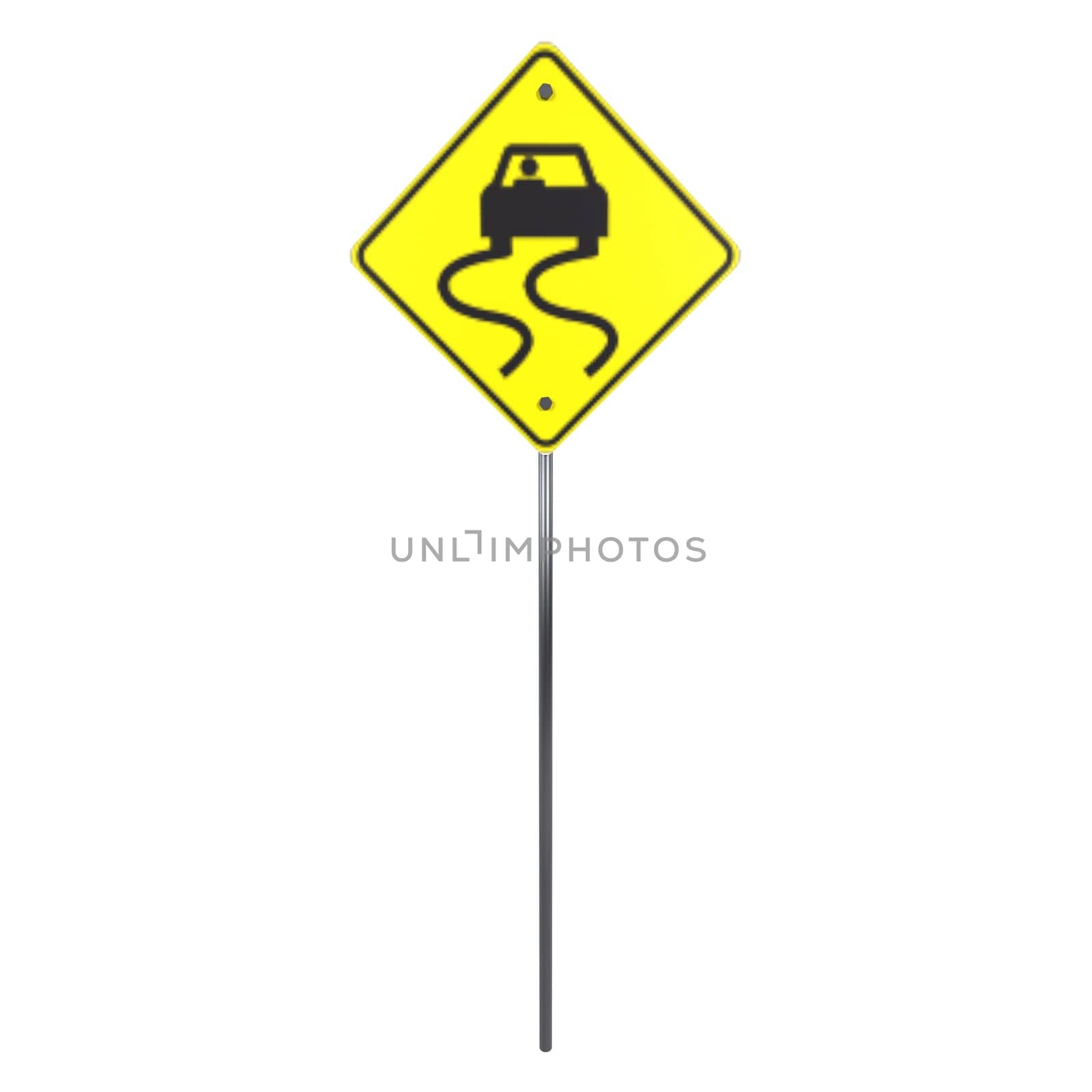 A bright yellow caution sign warns drivers of a slippery road ahead with a vehicle depicted.