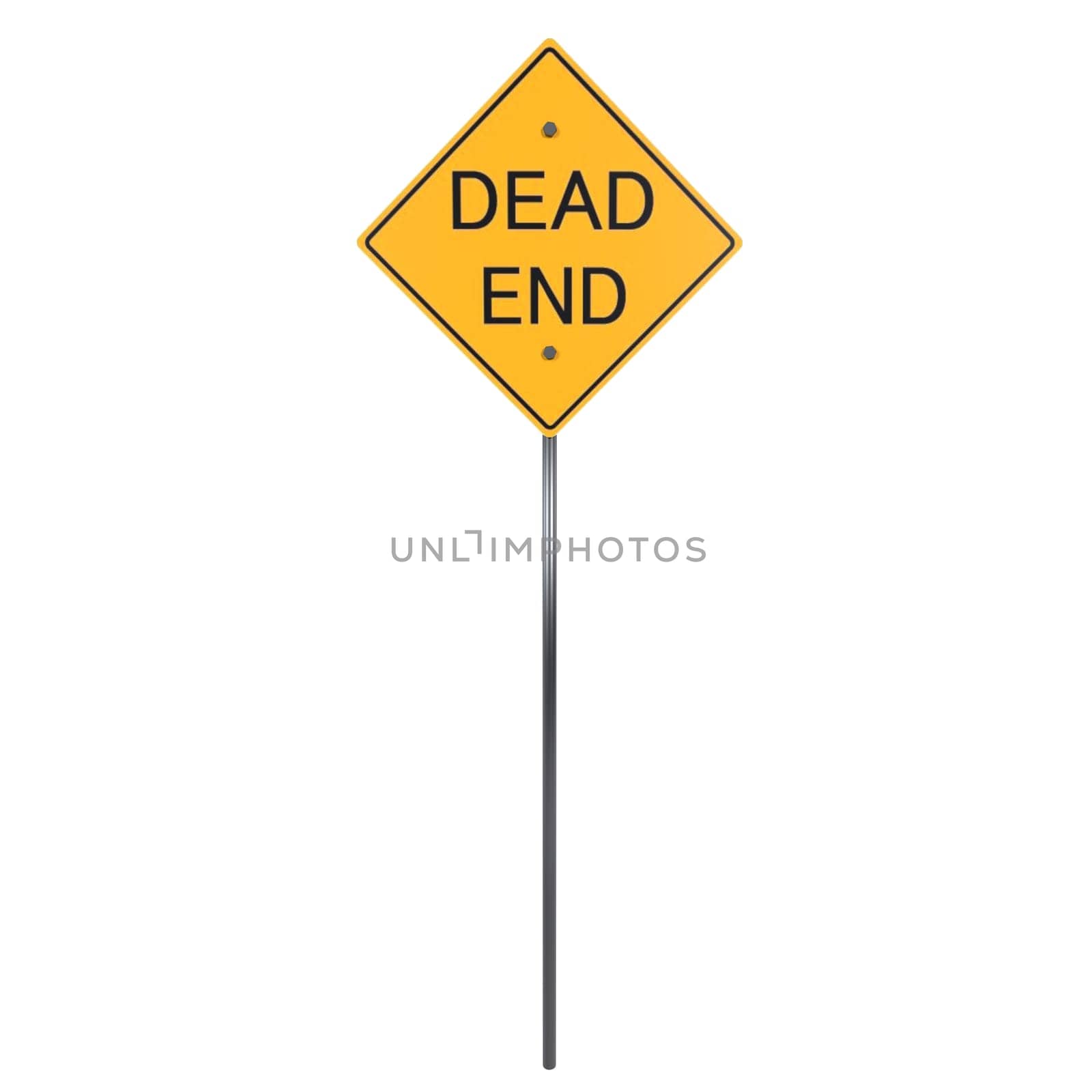 A bright yellow dead end sign stands alone against a plain backdrop.