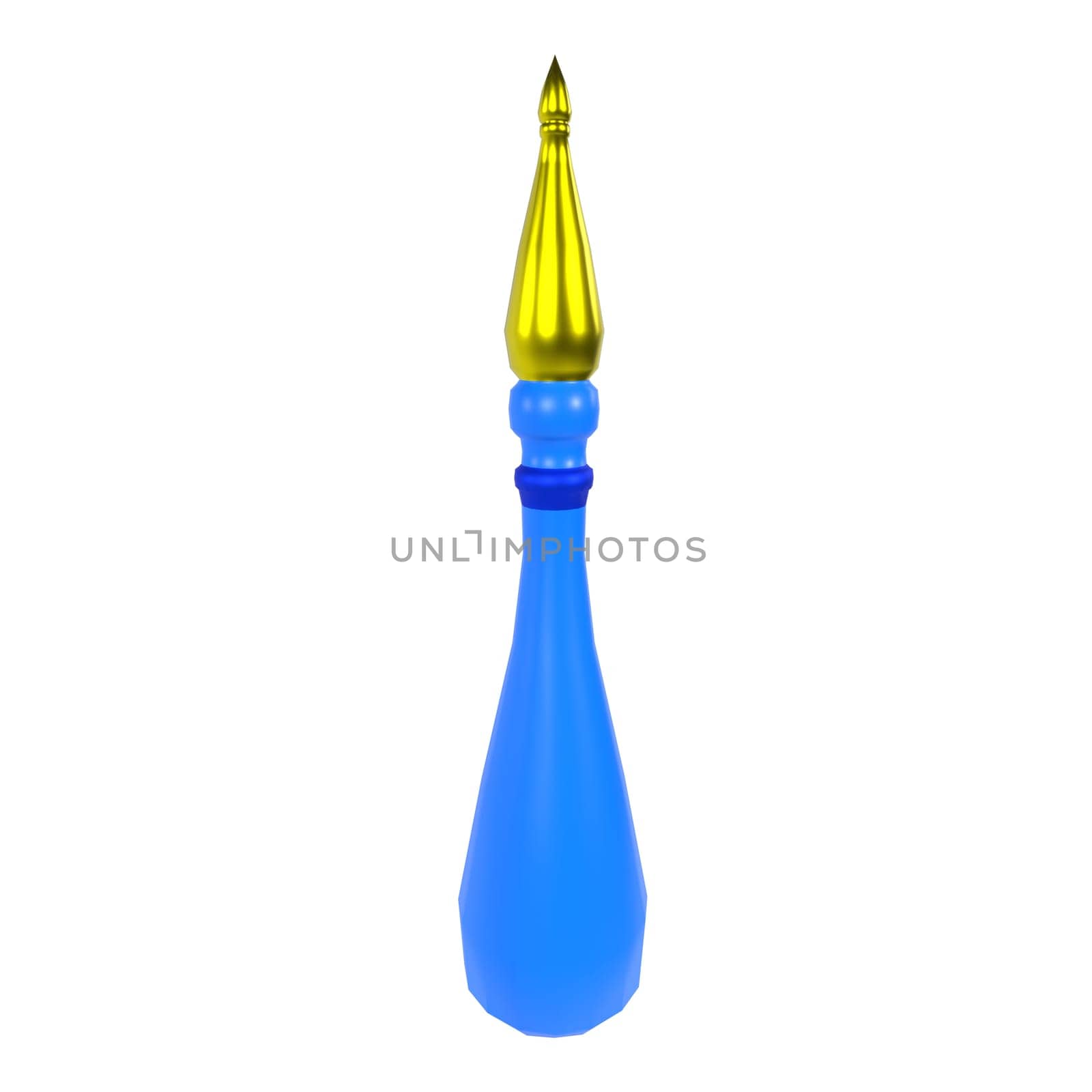 A decorative bottle is showcased with vibrant blue and gold colors, enhancing its artistic appeal.