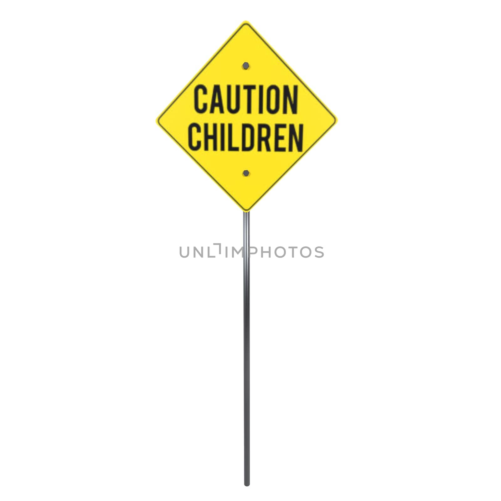 A bright yellow caution sign alerts drivers to the presence of children nearby.