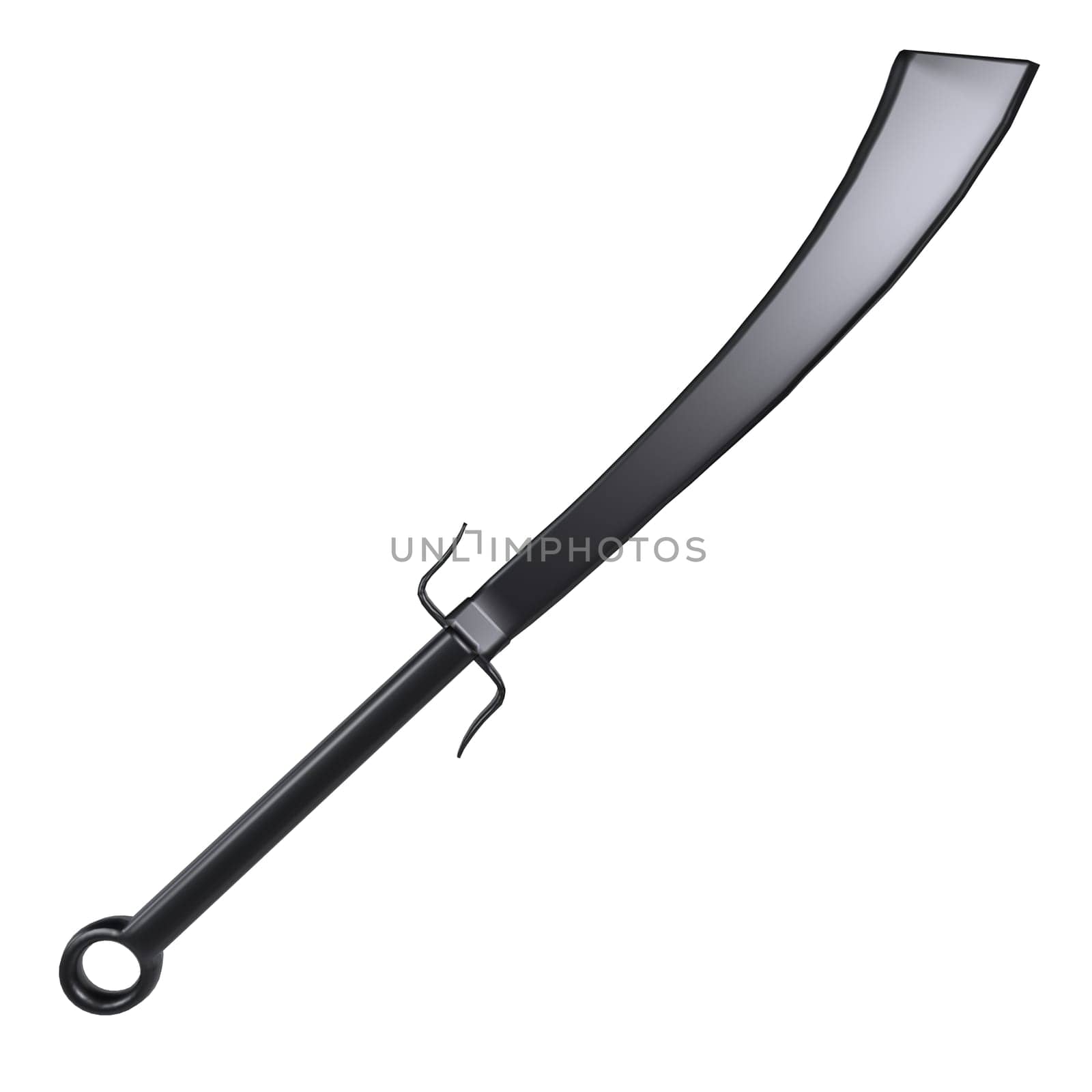 A 3D rendering showcasing a curved sword featuring a distinct handle design.