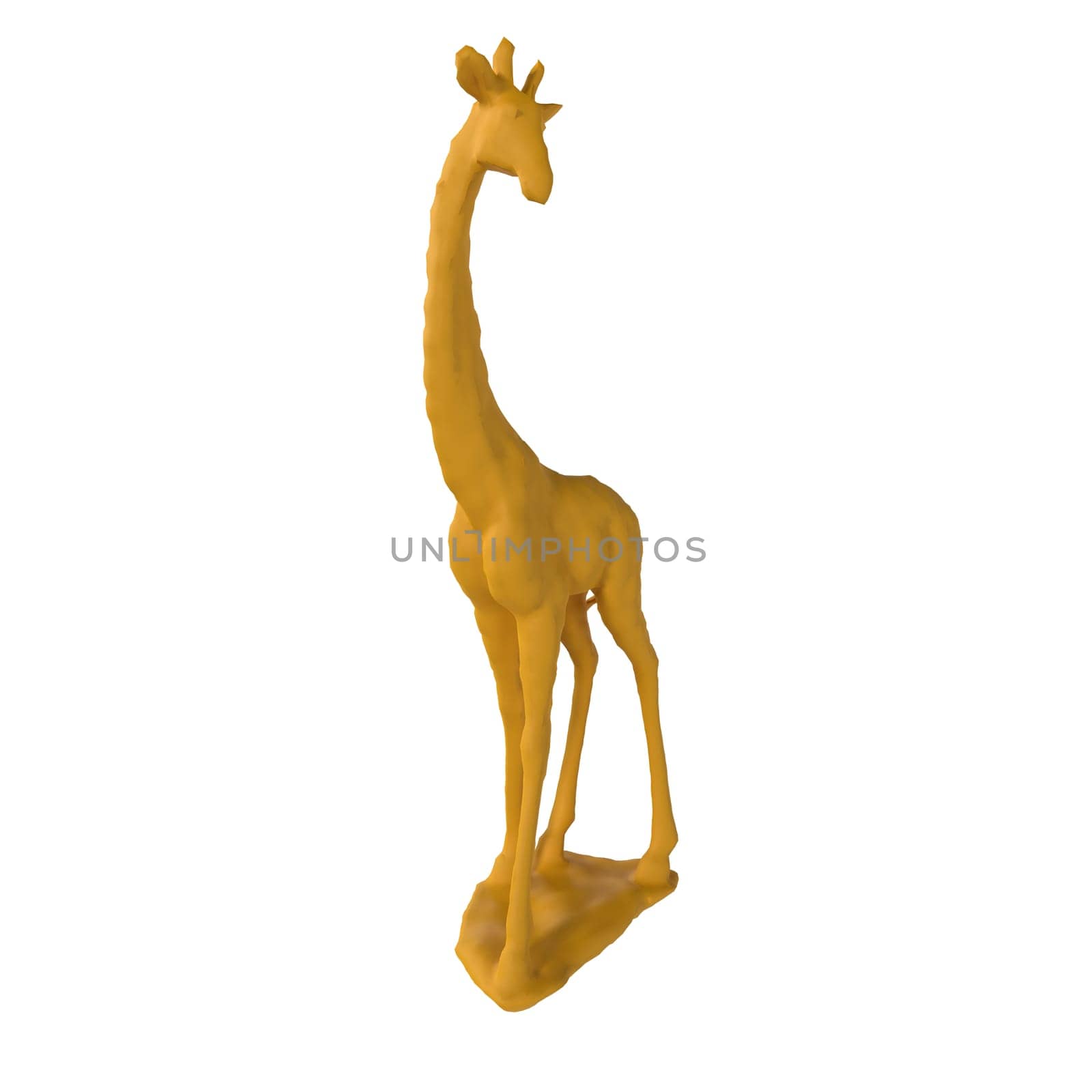 A yellow giraffe stands upright, showcasing its elongated neck and legs against white.