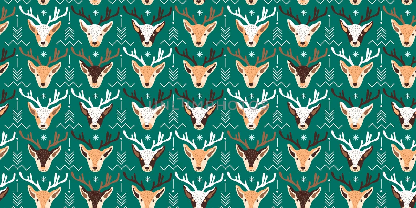 illustration of festive Christmas theme pattern with heads of reindeers and ornaments on green background