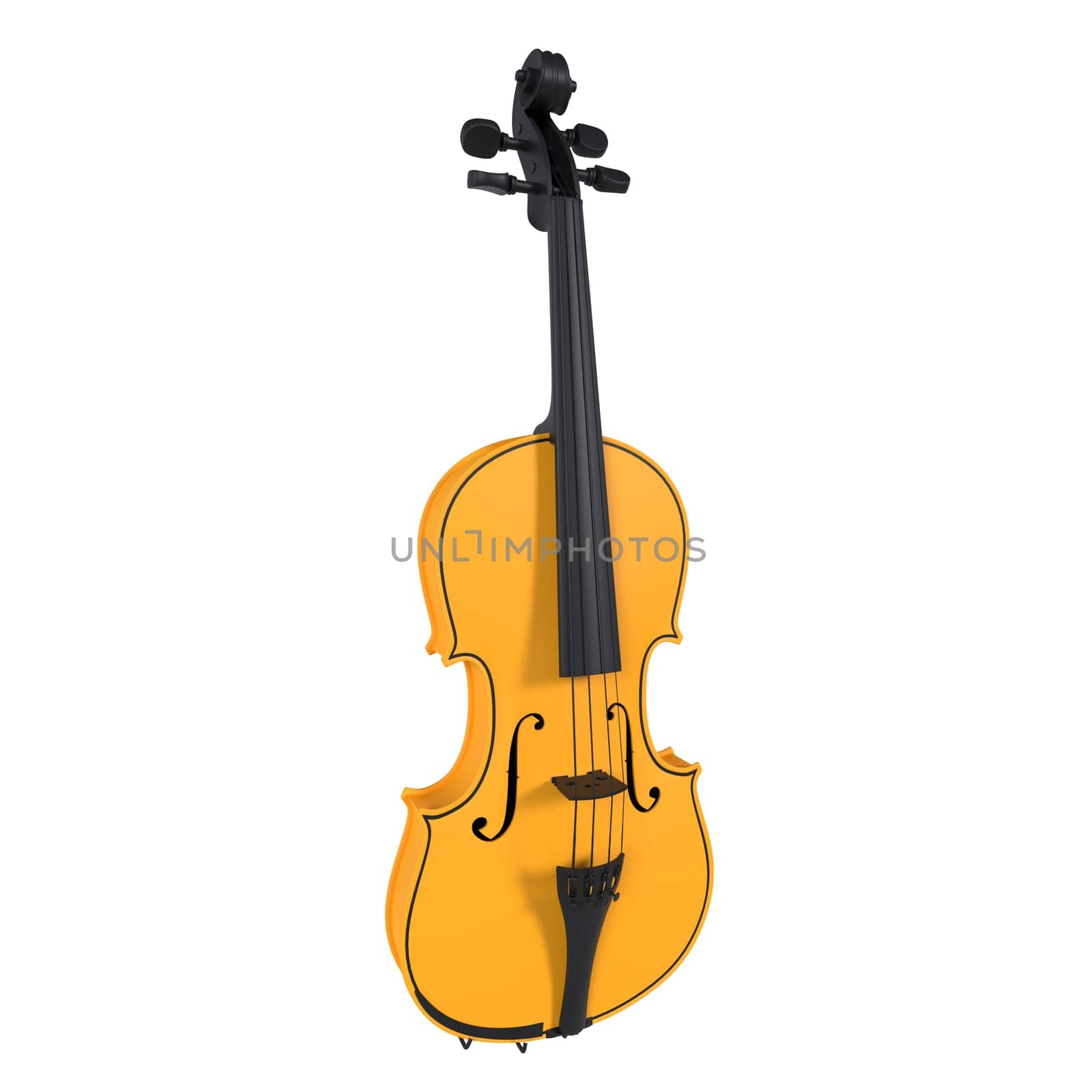 A vivid yellow violin stands upright, showcasing its elegant curves and design details.
