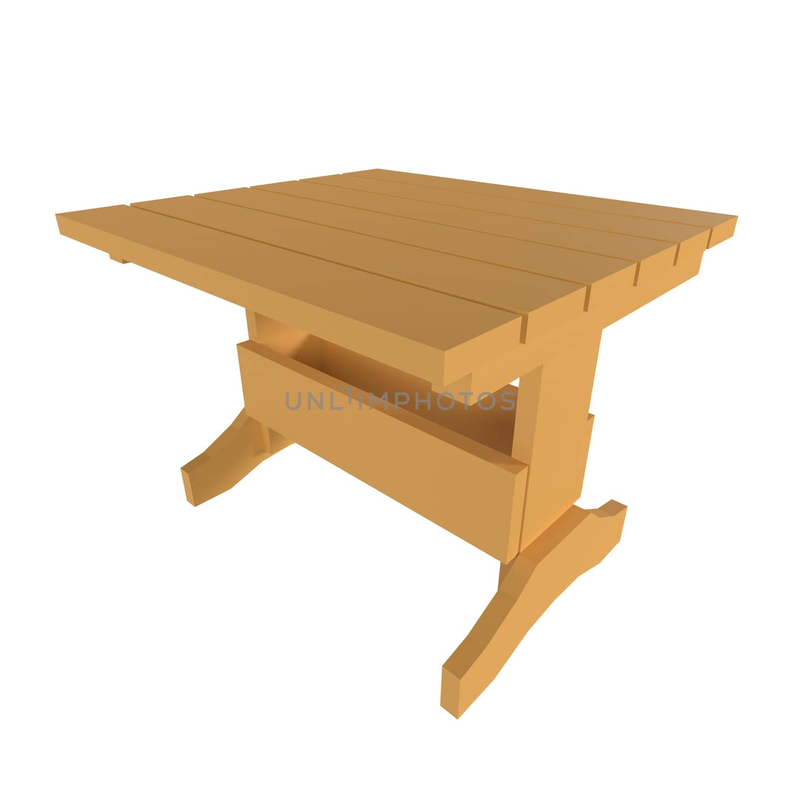 A 3D rendering of a warm-toned wooden dining table designed for contemporary spaces.