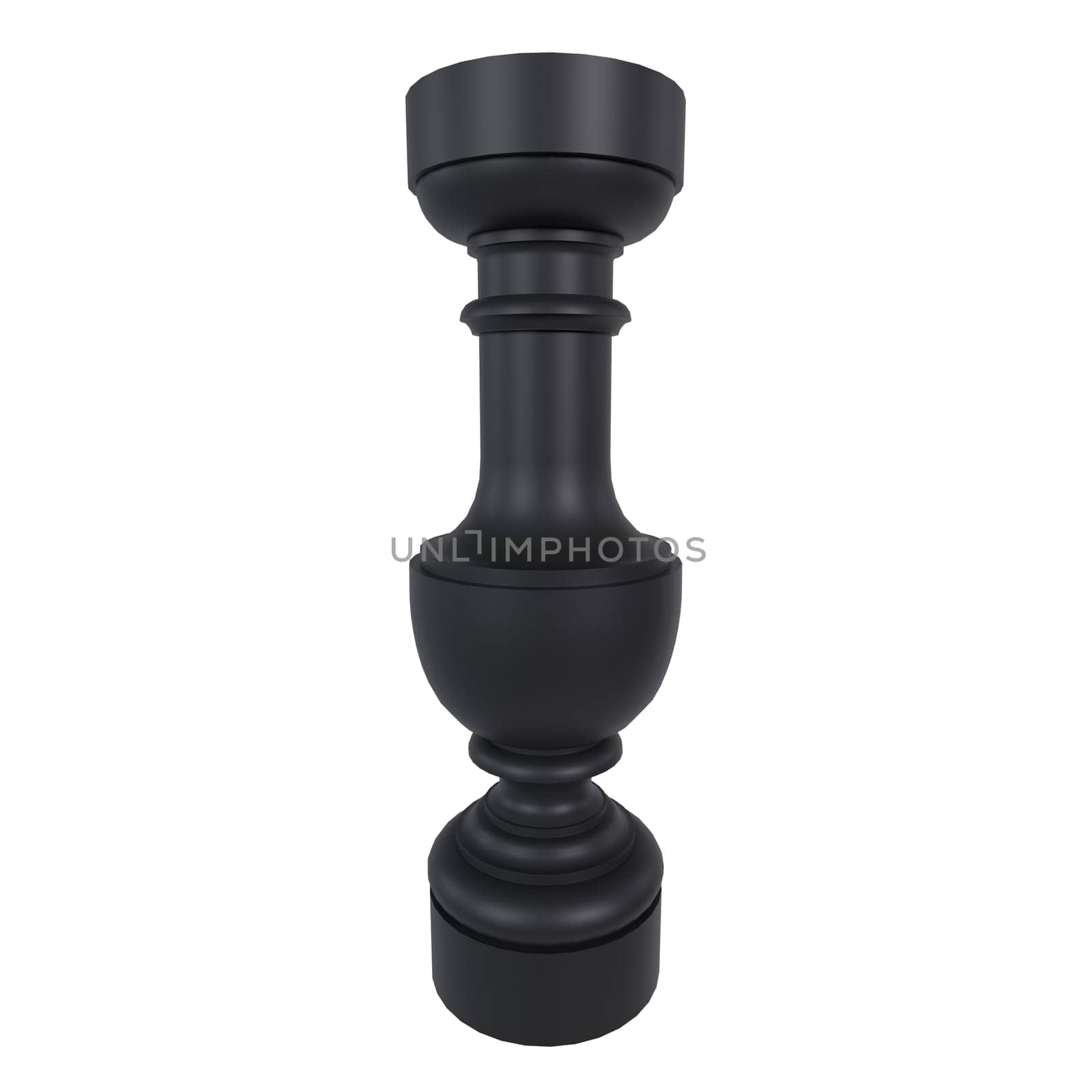 This rendering showcases a sleek black pawn from a contemporary chess set design.