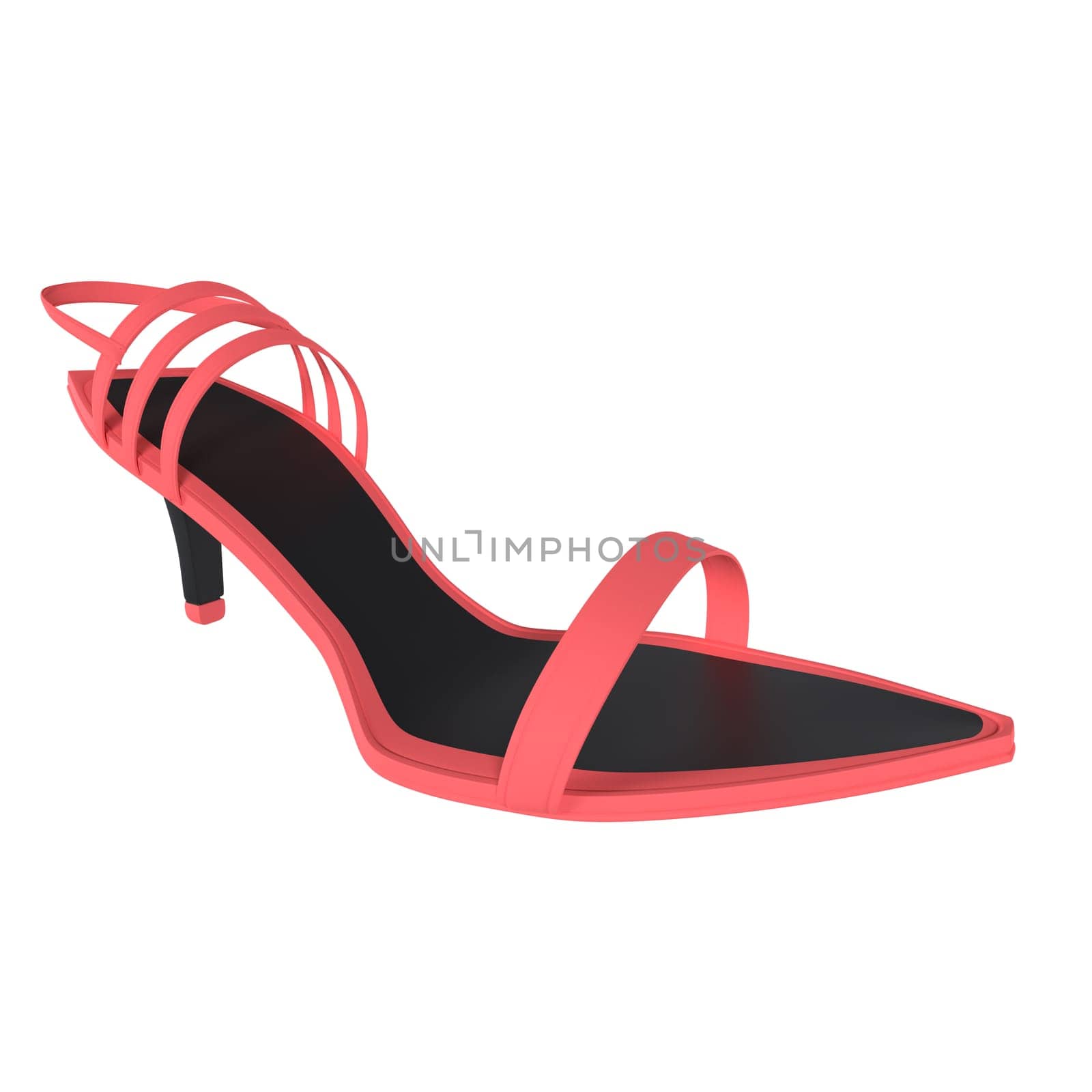 A chic coral high heel shoe showcases a unique strappy design and sharp silhouette.