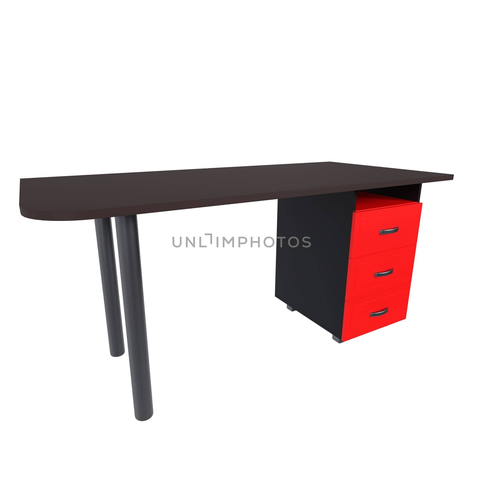 This rendering showcases a stylish office desk with three drawers, perfect for modern settings.