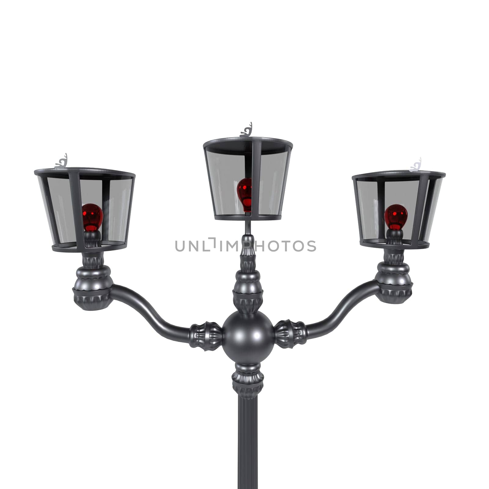 This lamp features three ornate lanterns with vibrant red detailing, highlighting the night.