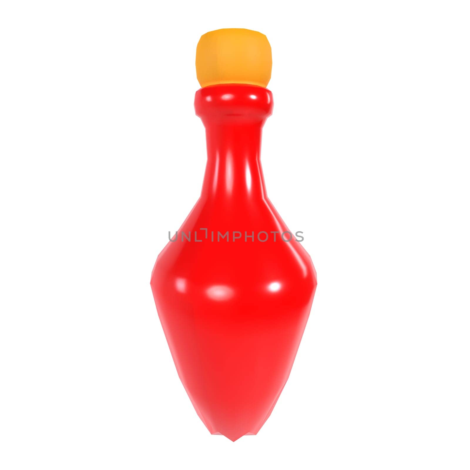 A red ketchup bottle with a distinctive yellow cap is presented in a 3D rendering.