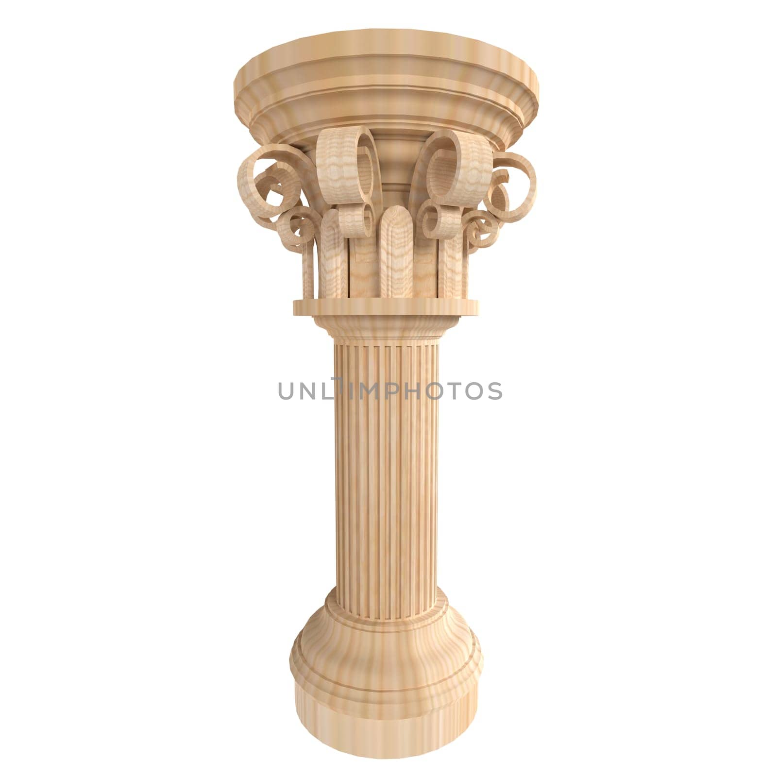 A detailed 3D rendering showcases a wooden column with ornate carvings and fluted design.