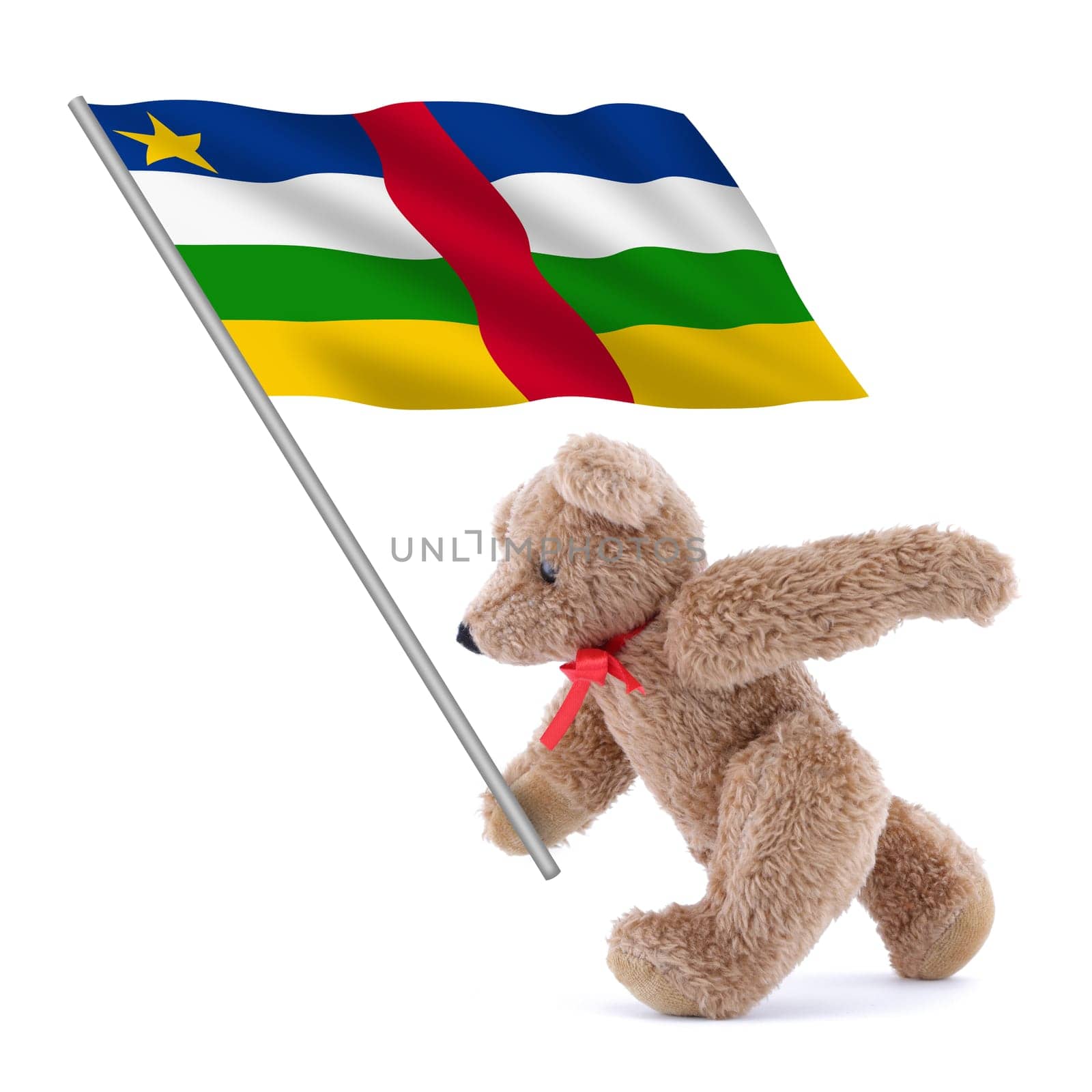 A Central African Republic flag being carried by a cute teddy bear