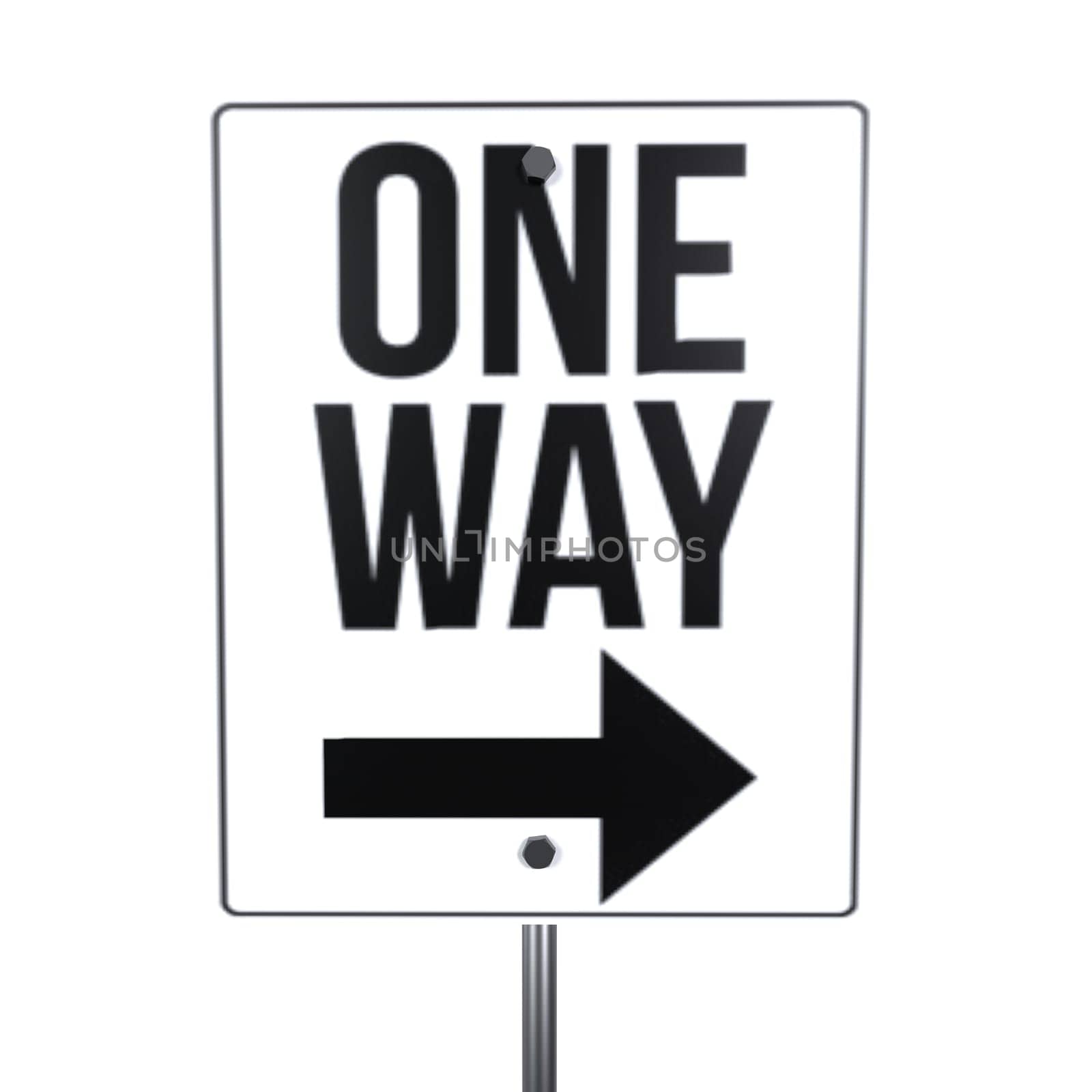 A clear one way sign indicating traffic must turn right, located in a city environment.