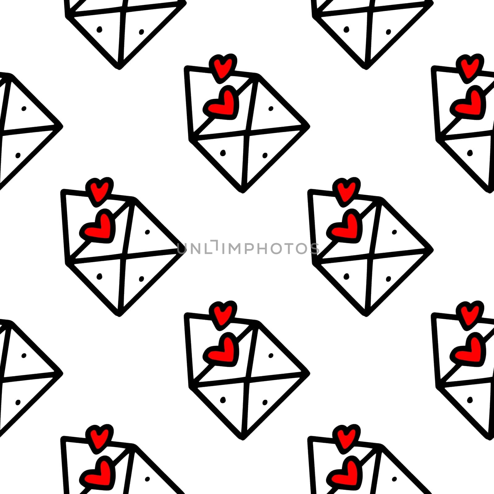 seamless pattern of envelope with love letter and hearts isolated on white background