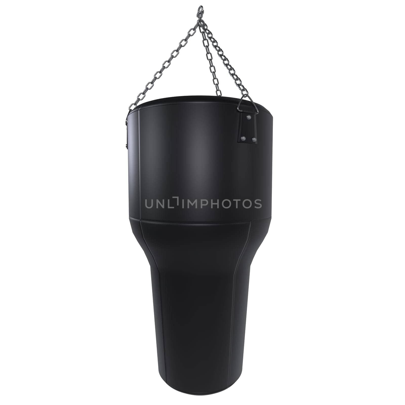 A black punching bag hangs from a sturdy chain, designed for training and exercise.