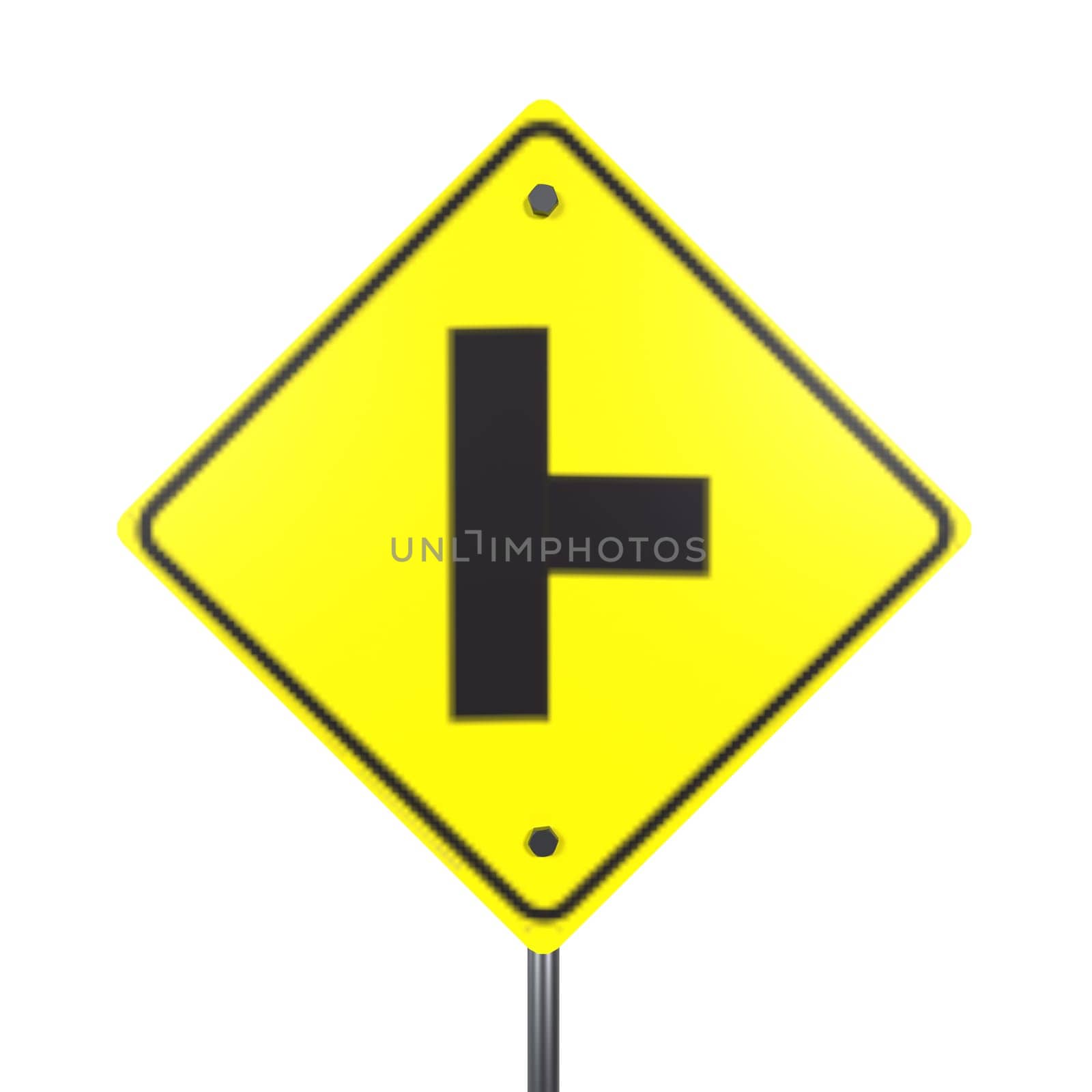A 3D rendering of a yellow traffic sign indicating a left turn.