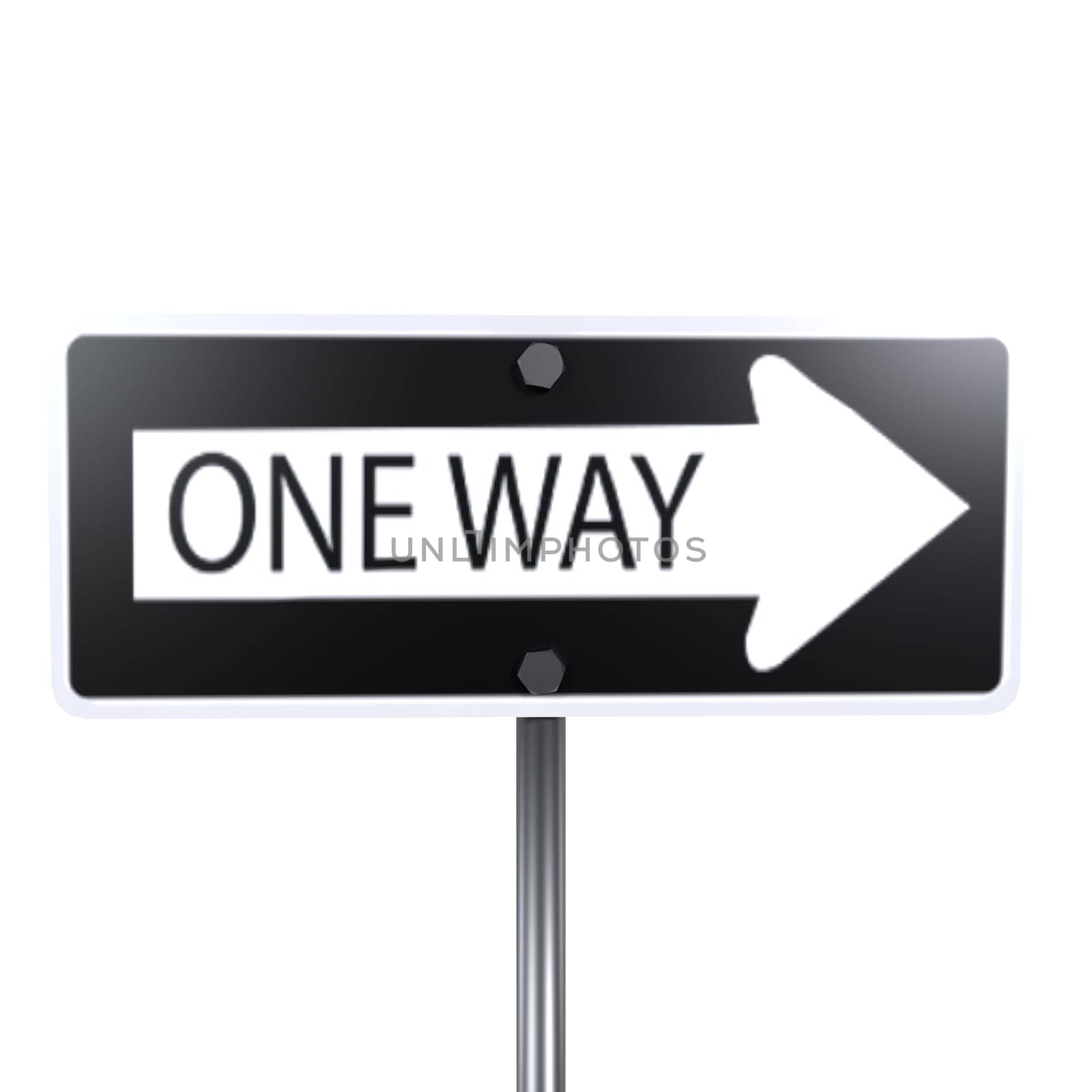 A clear one way sign points right, guiding vehicles in an urban setting.