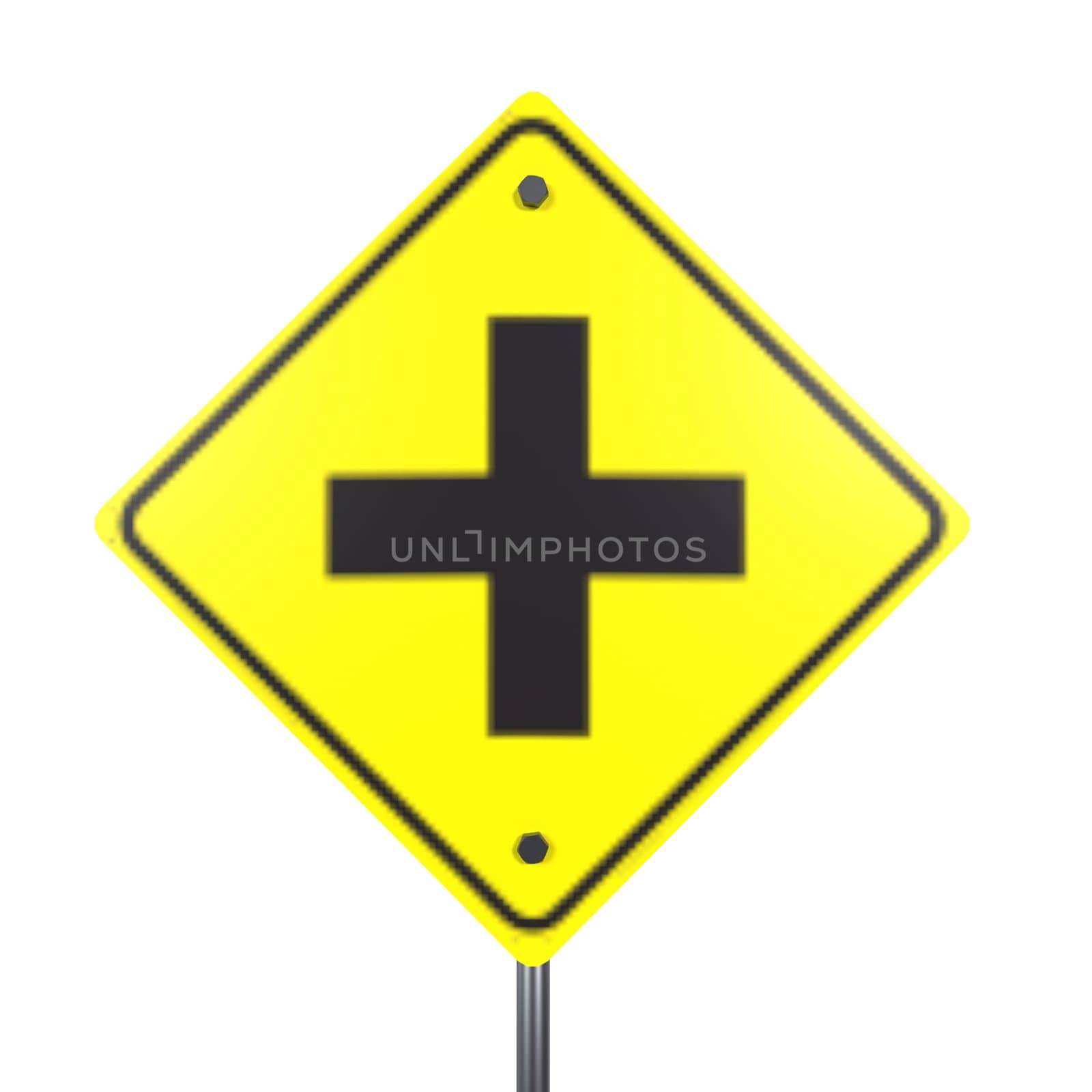 A bright yellow traffic sign displays a bold black cross shape, indicating caution.