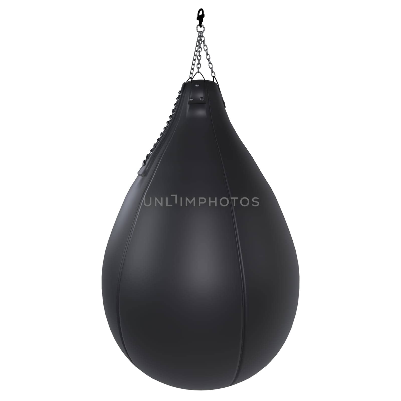 A black speed bag is suspended from a chain, ready for boxing practice indoors.
