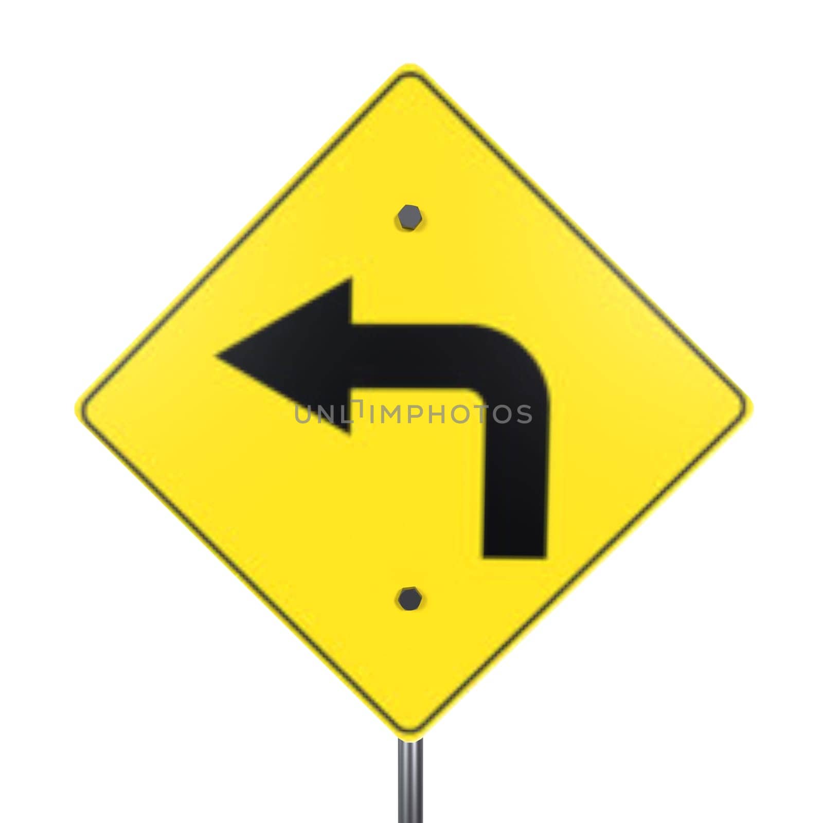 A yellow warning sign indicates a left turn ahead, promoting road safety and navigation.