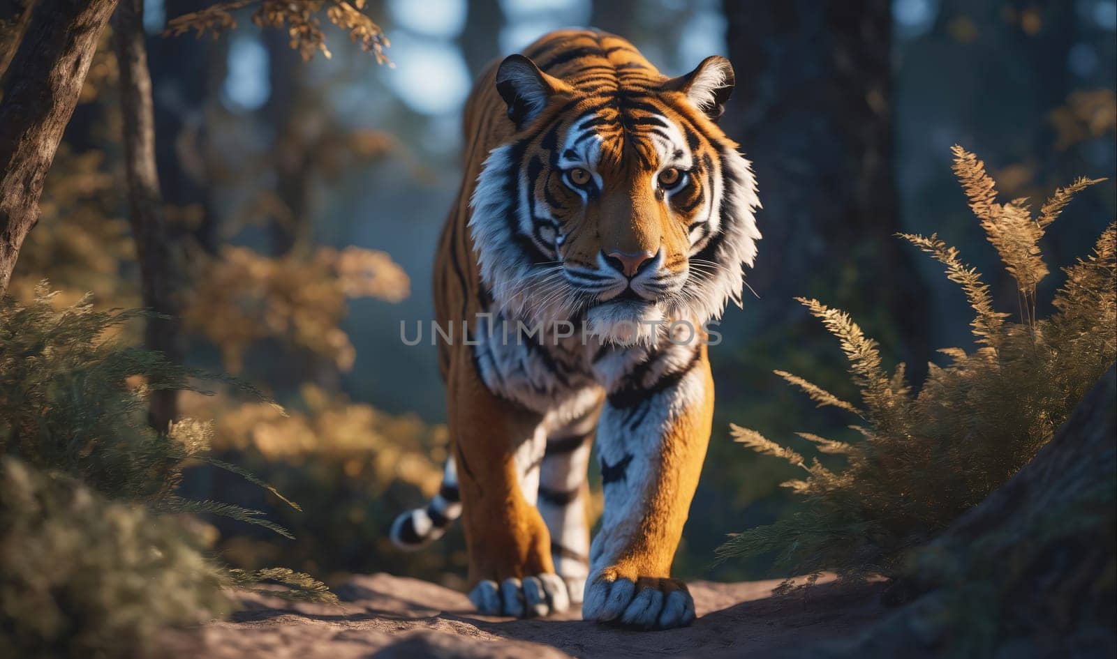 A large tiger with orange and black stripes walks through a forest. The tiger is in focus, and the background is blurred. The tiger's eyes are looking straight ahead. The forest floor is covered in brown leaves and twigs.