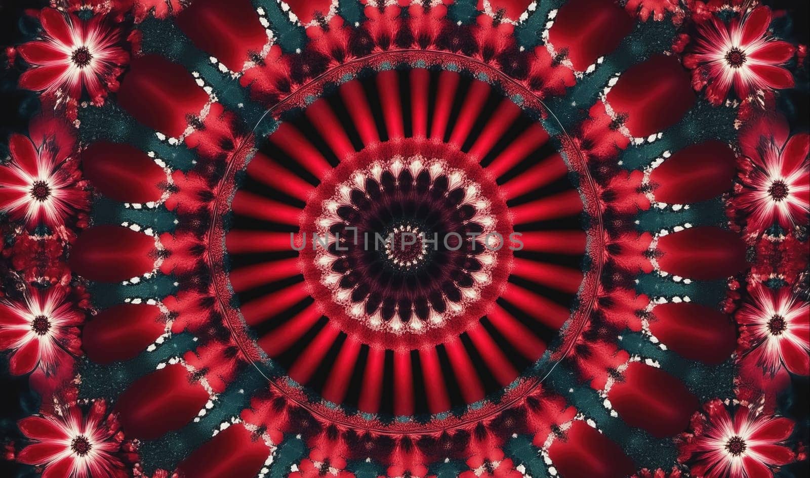 A close-up photograph of a symmetrical digital pattern with multiple layers of red and black radiating from a central point, resembling a flower with several petals.