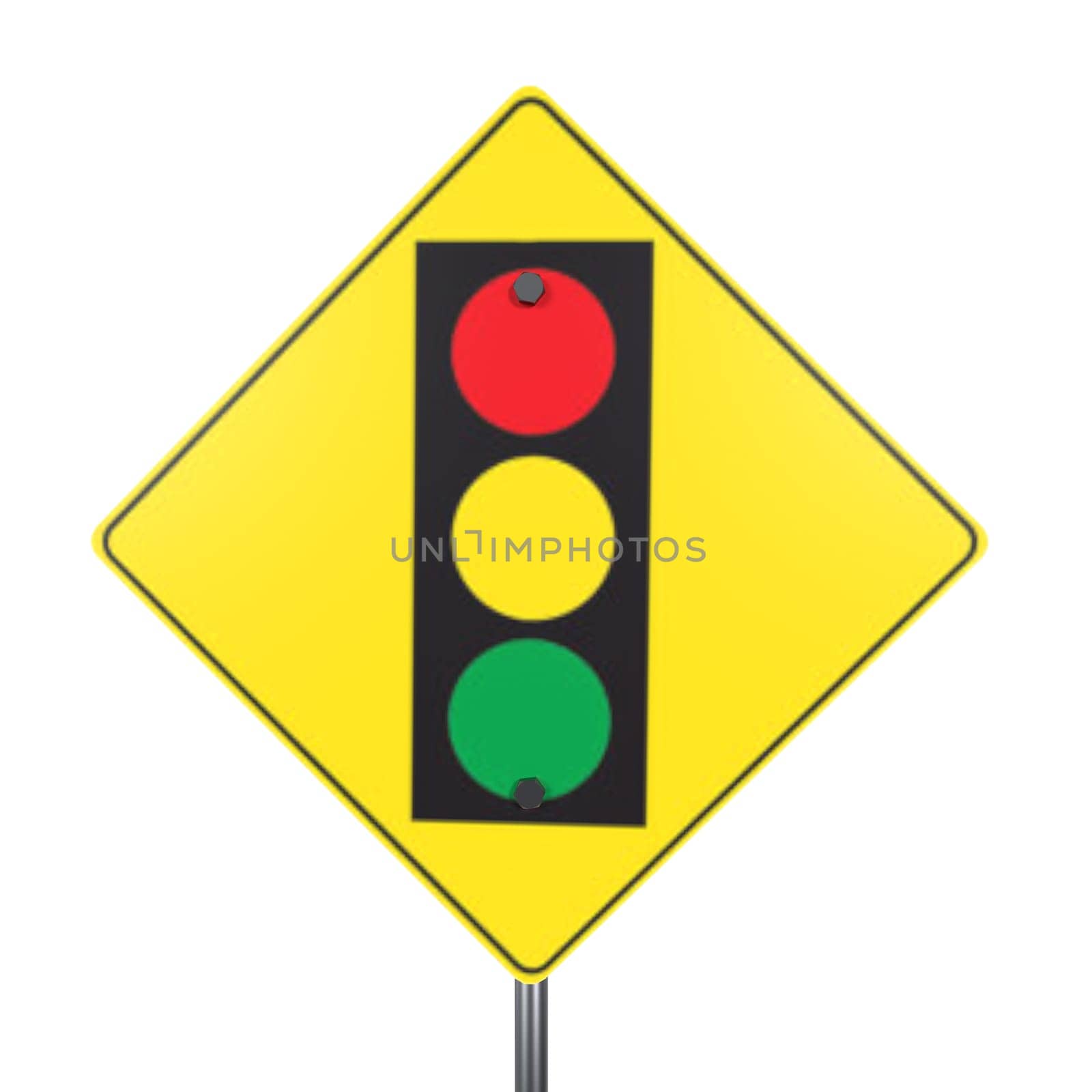 A caution sign featuring a traffic light symbol with red, yellow, and green circles.