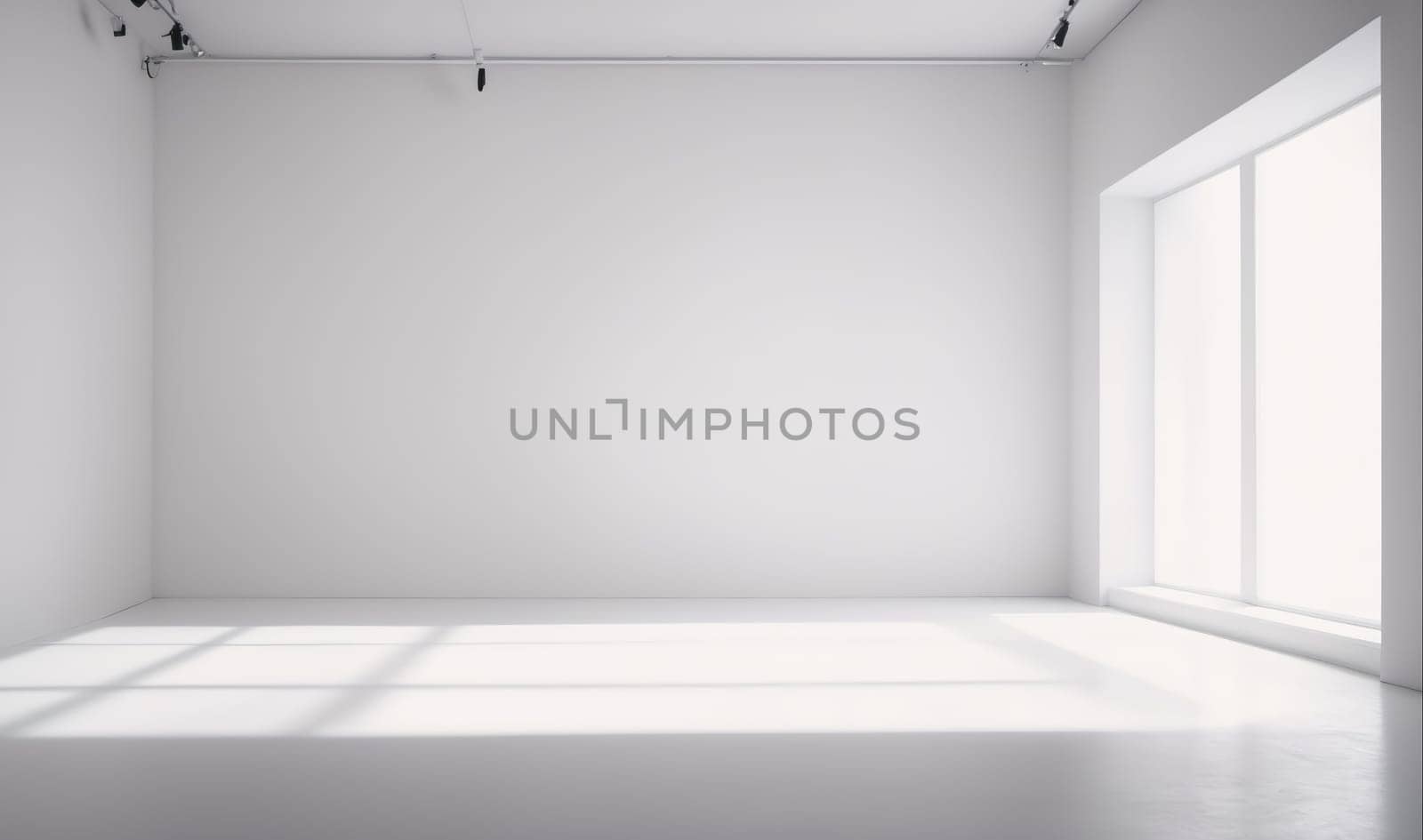 The image shows a white room with a large window that lets in sunlight. The floor and walls are white, and the ceiling has a few light fixtures.