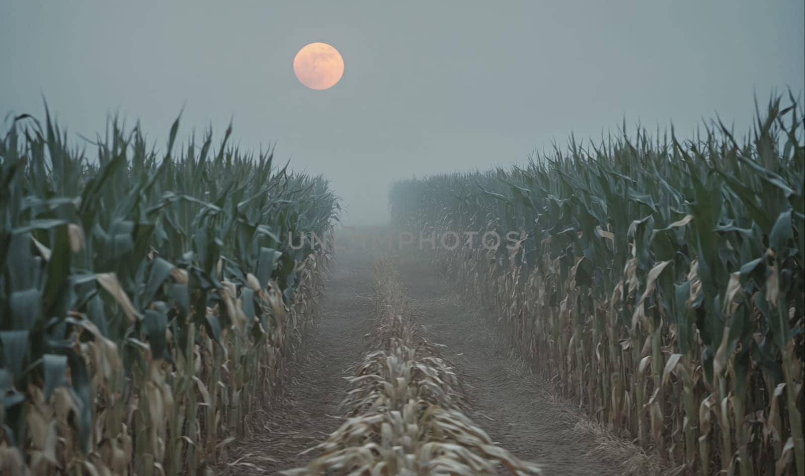 A large, pink moon sits in the sky above a field of tall corn stalks. The stalks line a path that cuts through the field, and the path is covered in a thick fog.