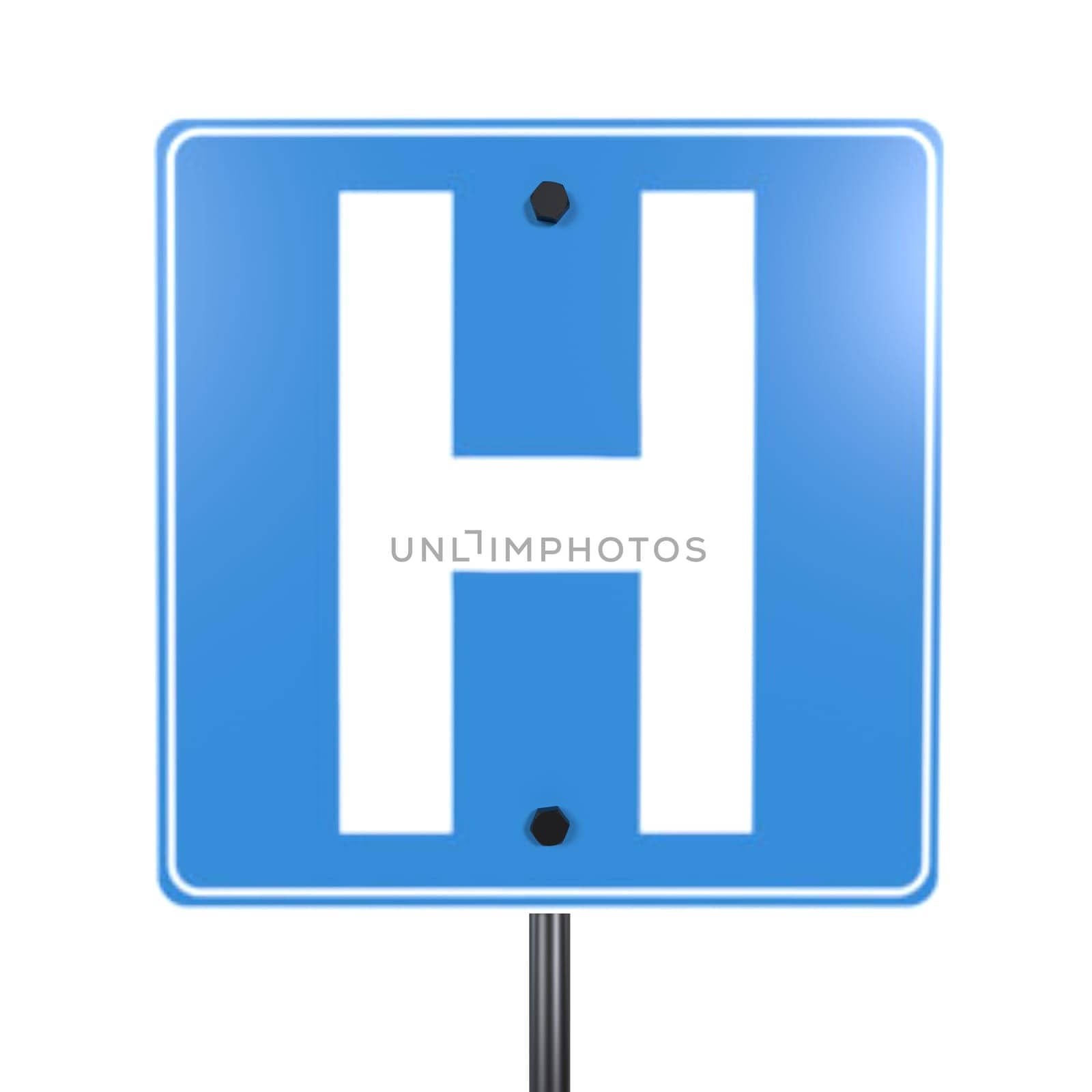 A clear blue sign featuring a large white letter H to indicate a hospital.