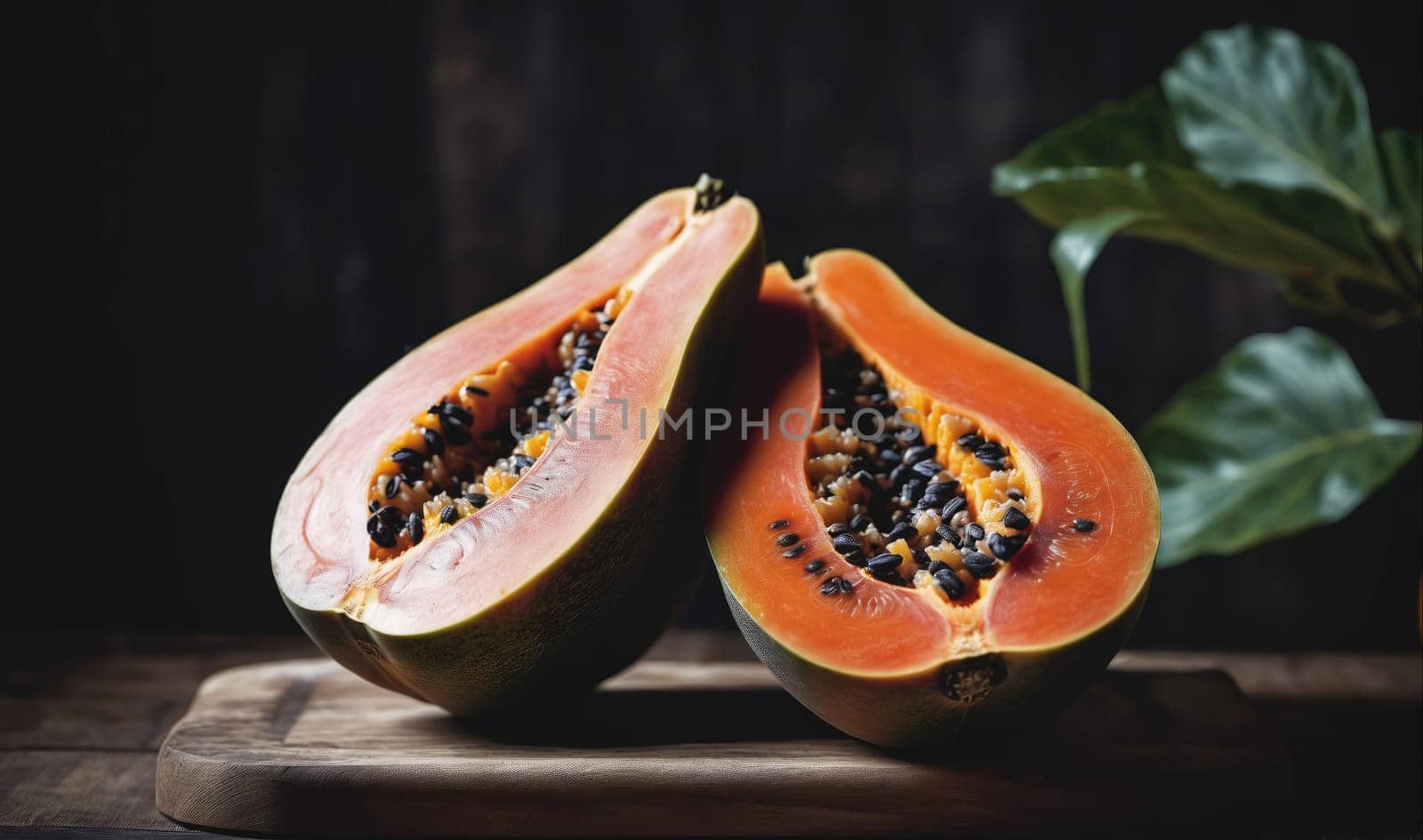 Two halved papayas sit on a wooden cutting board, revealing the bright orange flesh and black seeds inside. The papayas are positioned with the cut side facing the viewer. A leafy green plant with large leaves is out of focus in the background. The composition creates a sense of natural beauty and fresh tropical fruit.