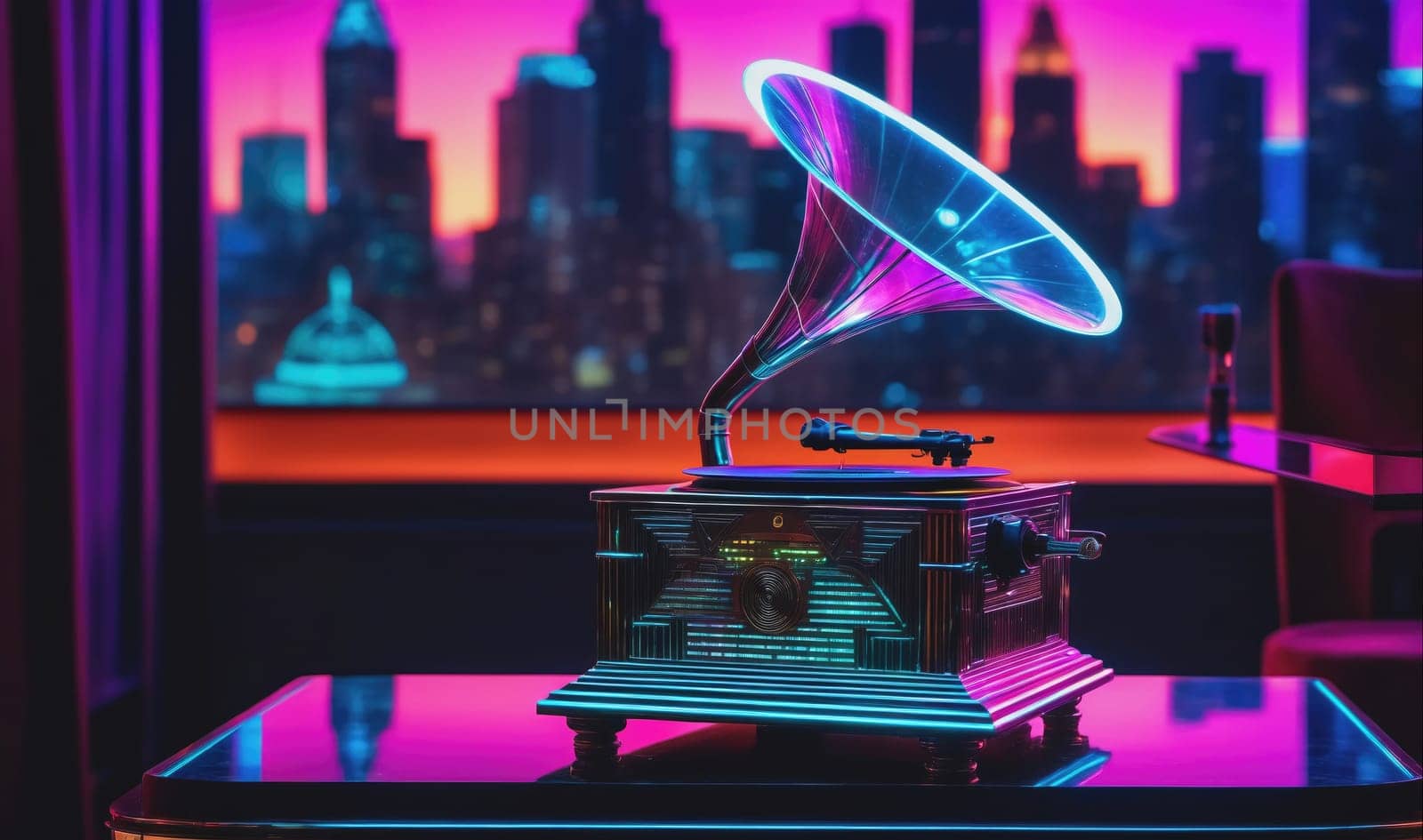The gramophone is on a table in a room overlooking a city skyline. The city lights and buildings are visible through a window. The room has a modern interior with a glass-top table and a large window. The gramophone is lit with neon lights, creating a colorful and vibrant image.