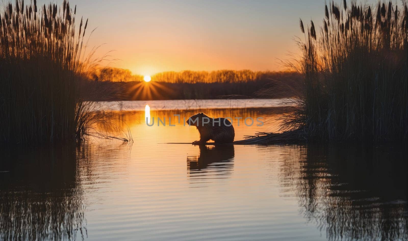 The image depicts a capybara sitting at the edge of a lake in a grassy area at sunset. The sun is setting in the distance, casting a golden glow over the water and the surrounding landscape. Tall grasses are visible in the foreground, with the capybara sitting on a small log in the middle of the lake. The reflection of the capybara and the setting sun can be seen in the water.