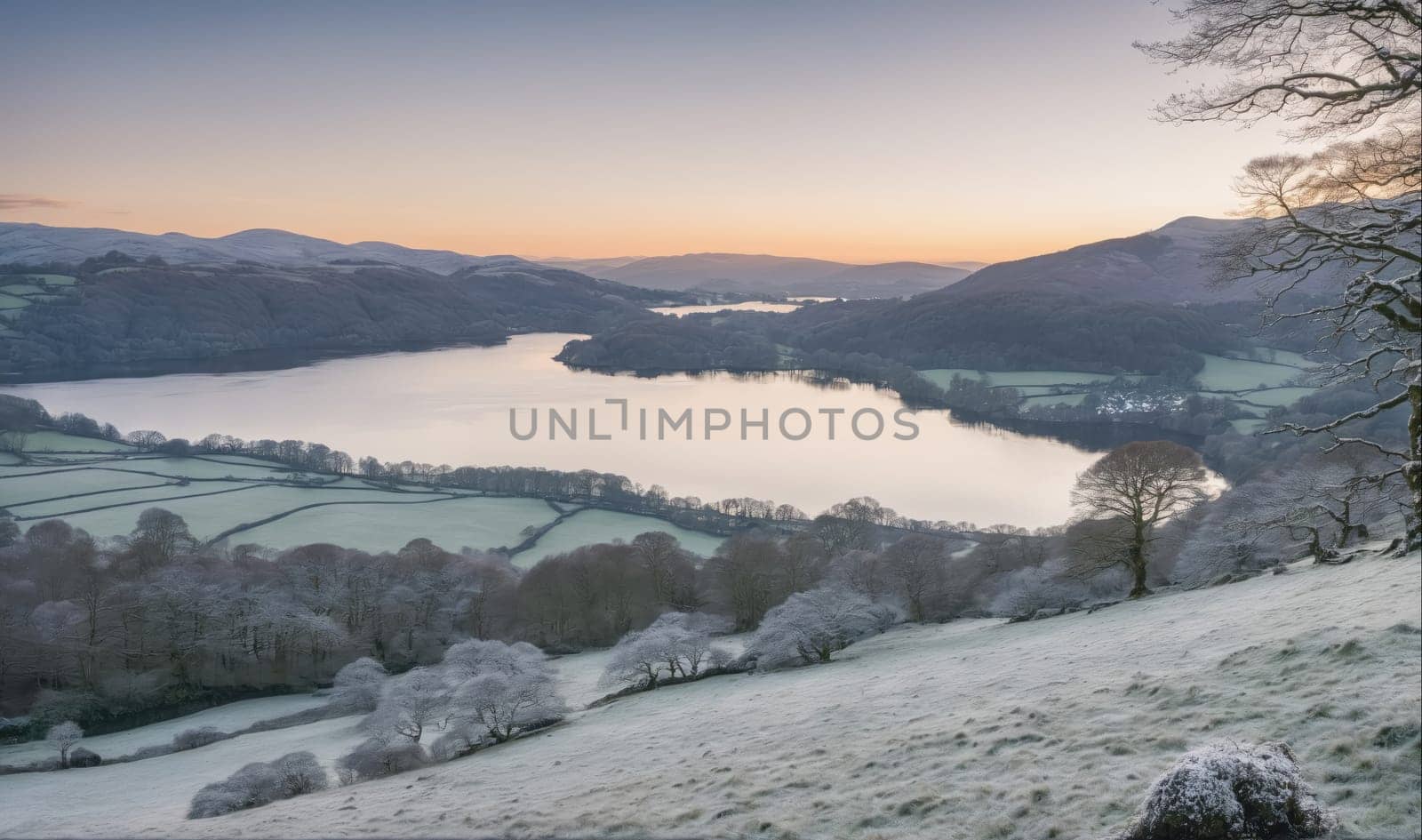 A snowy scene, overlooking a frozen lake surrounded by hills in the early morning. The landscape is covered in a blanket of fresh snow, creating a serene and peaceful atmosphere. The sky is a soft blue, with hints of pink and orange from the rising sun.