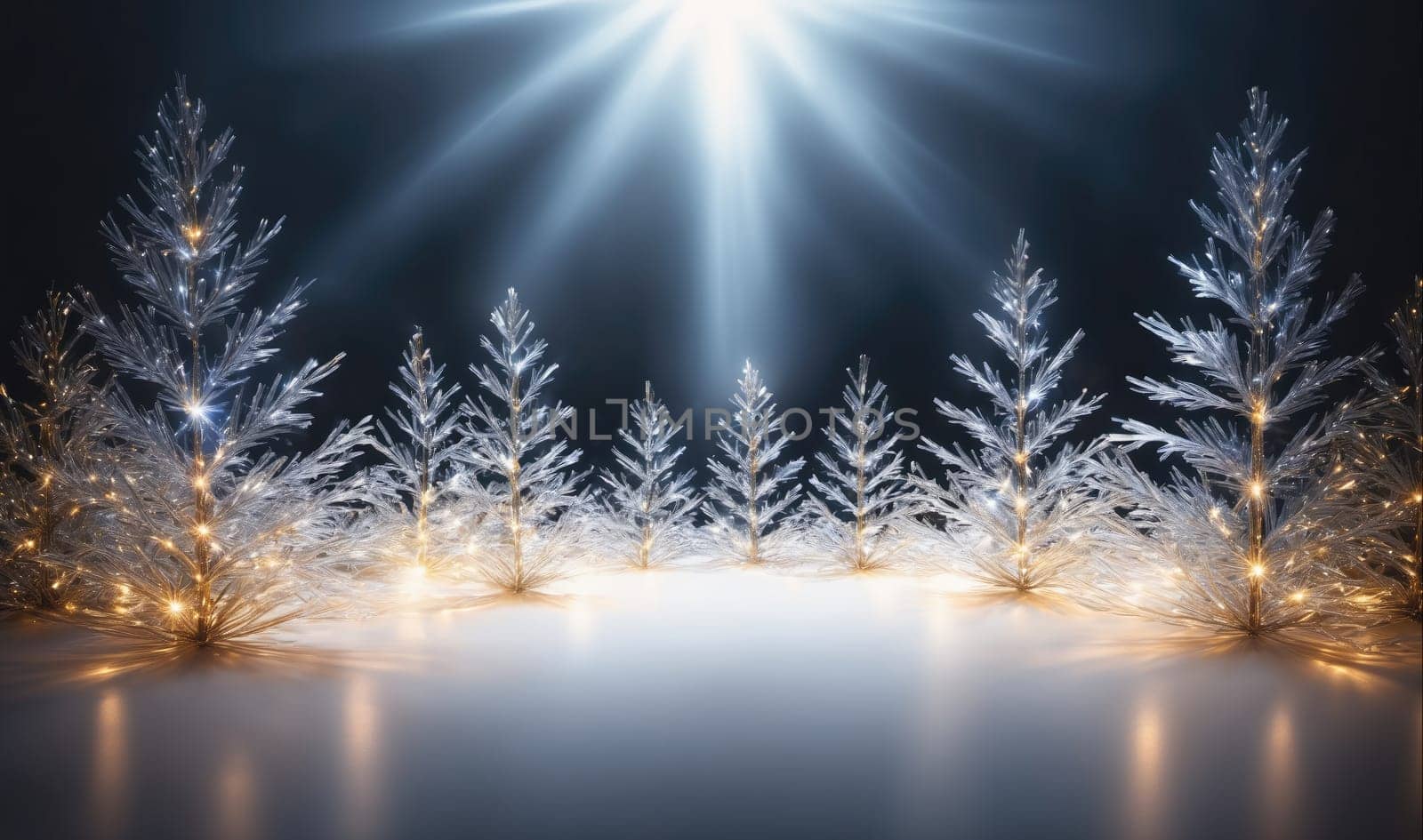 A group of nine artificial Christmas trees stand in a row on a white surface. The trees are all made of silver tinsel and are illuminated by warm white lights. The trees are arranged in a semi-circle and are all facing towards the center. Above the trees, a bright light shines down, creating a dramatic effect. The trees are surrounded by a snowy ground, which is reflecting the light from the trees and the bright light.